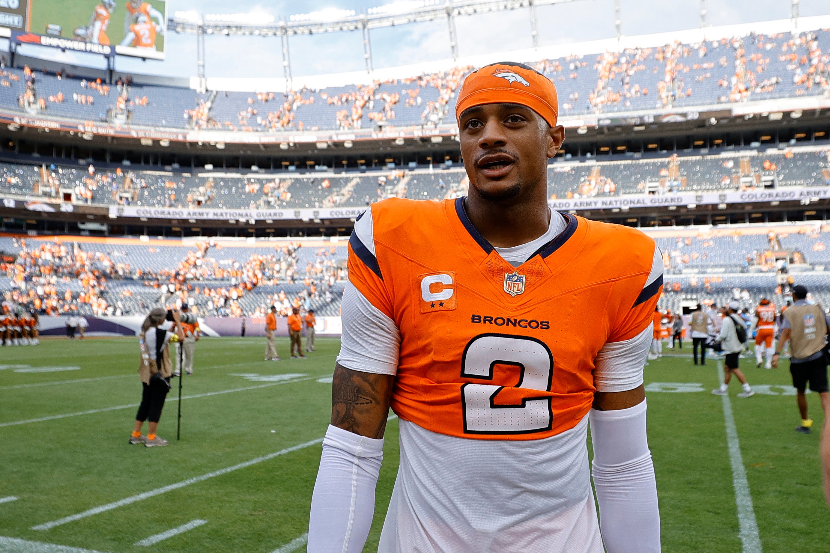 Sep 7, 2025; Denver, Colorado, USA; Denver Broncos cornerback Pat Surtain II (2) reacts after the game at Empower Field at Mile High.