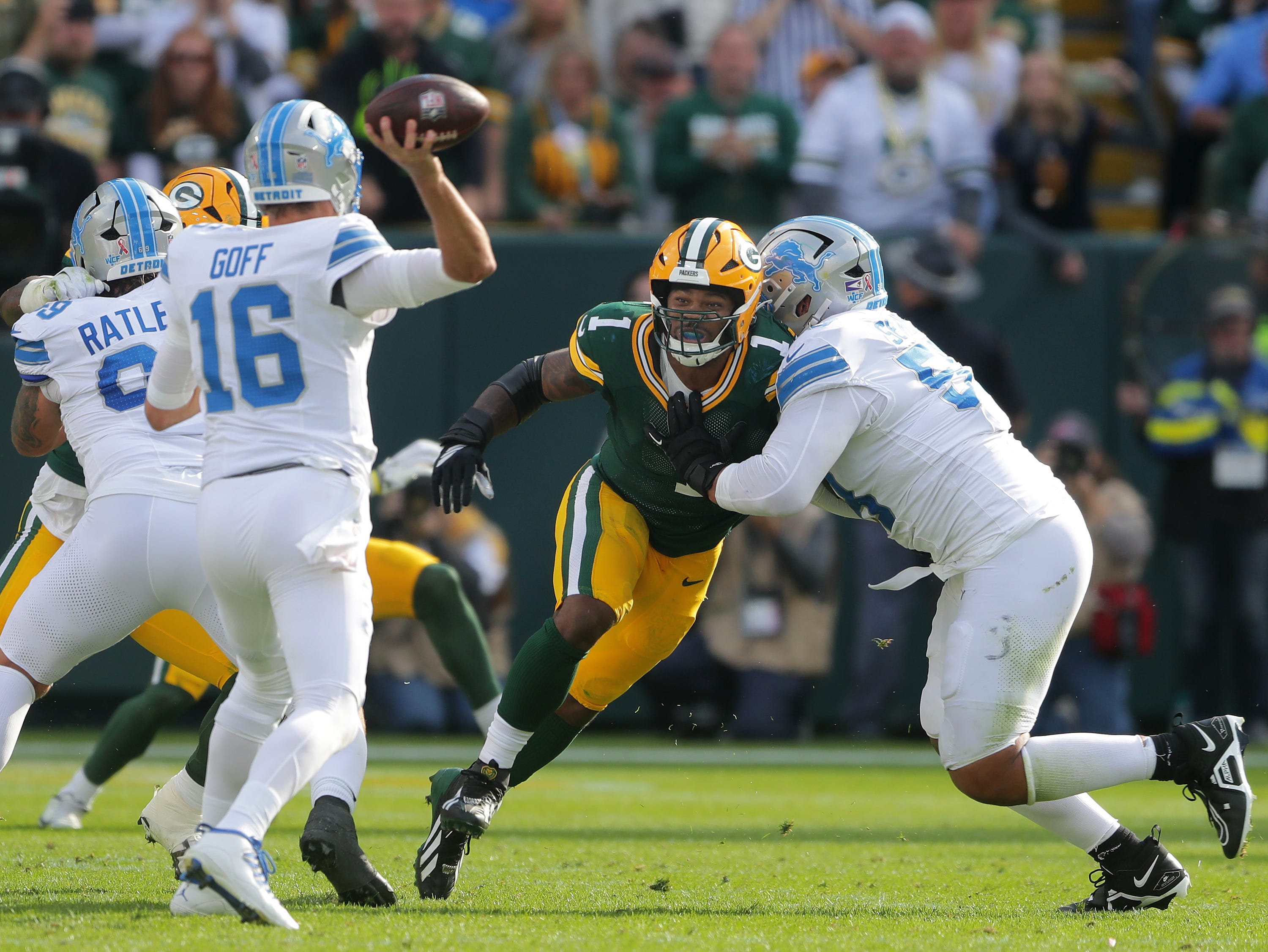 Green Bay Packers defensive end Micah Parsons (1) rushes Detroit Lions quarterback Jared Goff (16) on Sunday, September 7, 2025, at Lambeau Field in Green Bay, Wis.