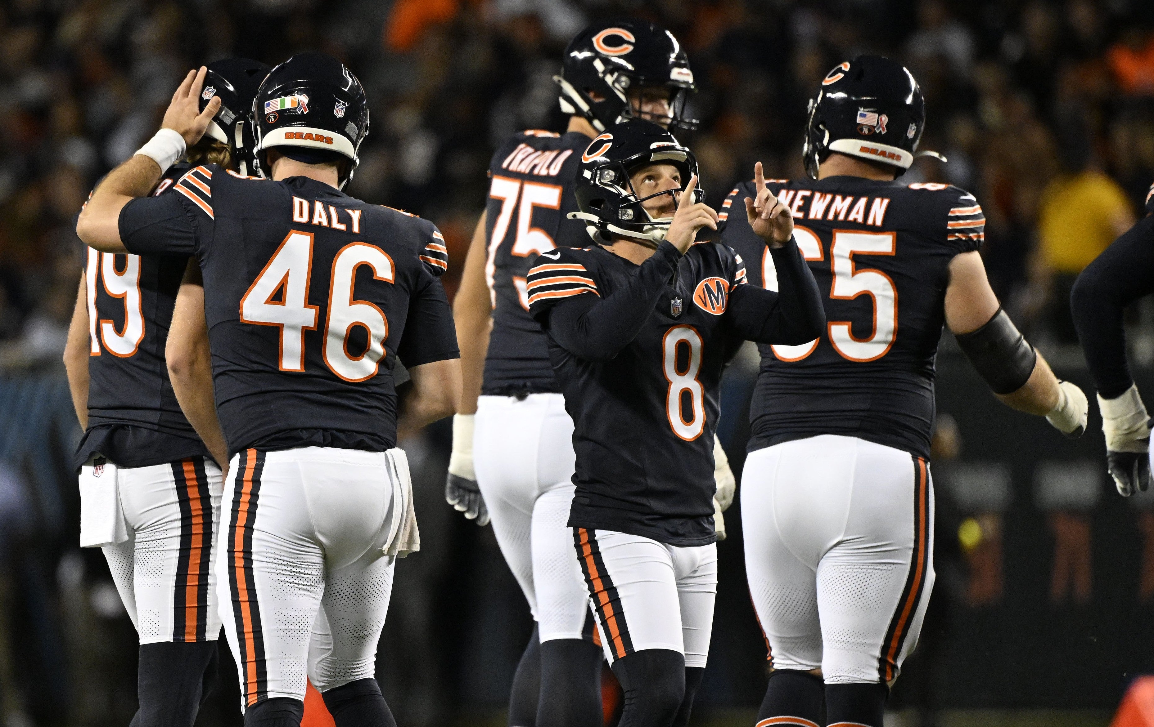 Sep 8, 2025; Chicago, Illinois, USA; Chicago Bears place kicker Cairo Santos (8) reacts after a field goal against the Minnesota Vikings during the first half at Soldier Field.