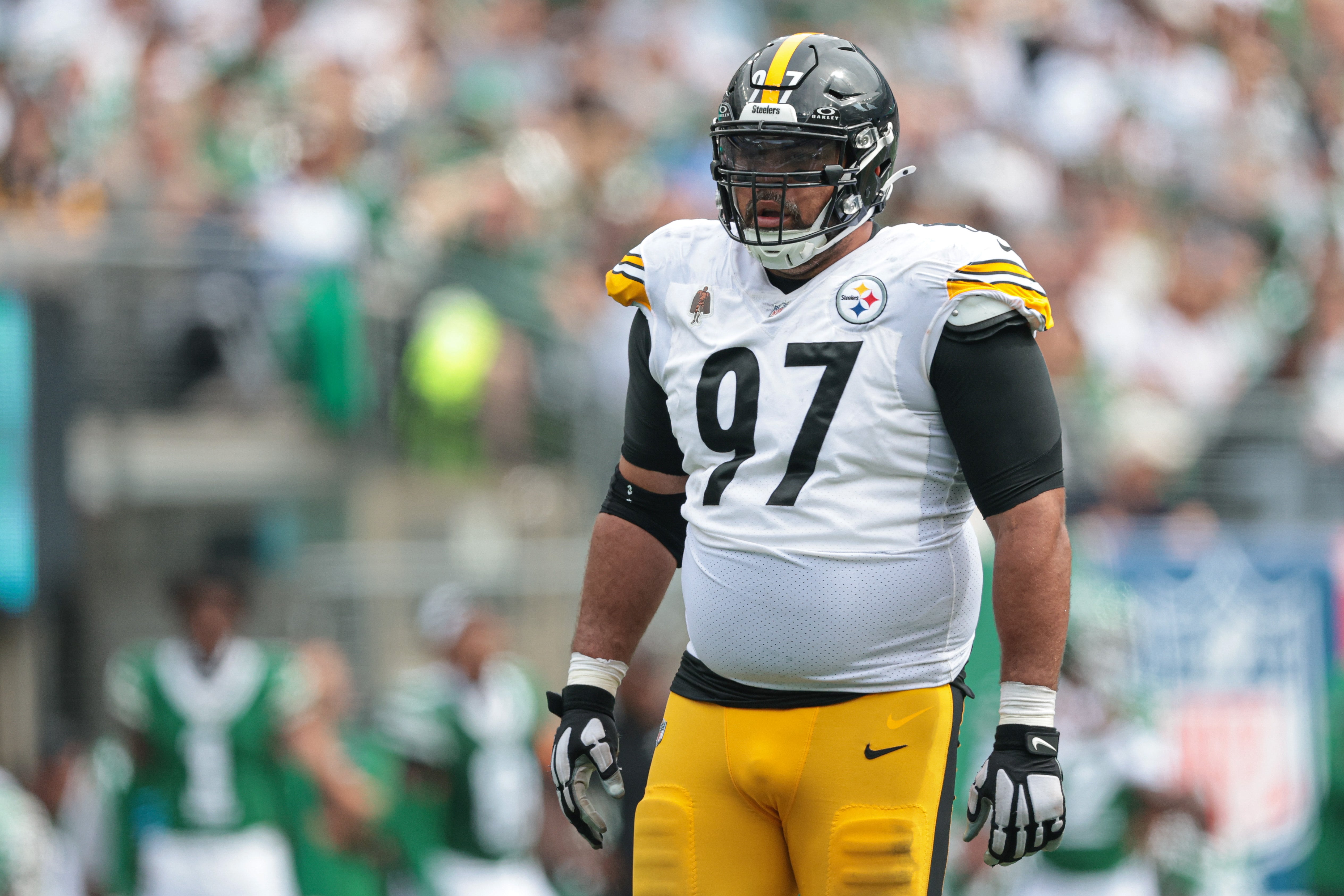 Sep 7, 2025; East Rutherford, New Jersey, USA; Pittsburgh Steelers defensive tackle Cameron Heyward (97) in action during the game against the New York Jets at MetLife Stadium