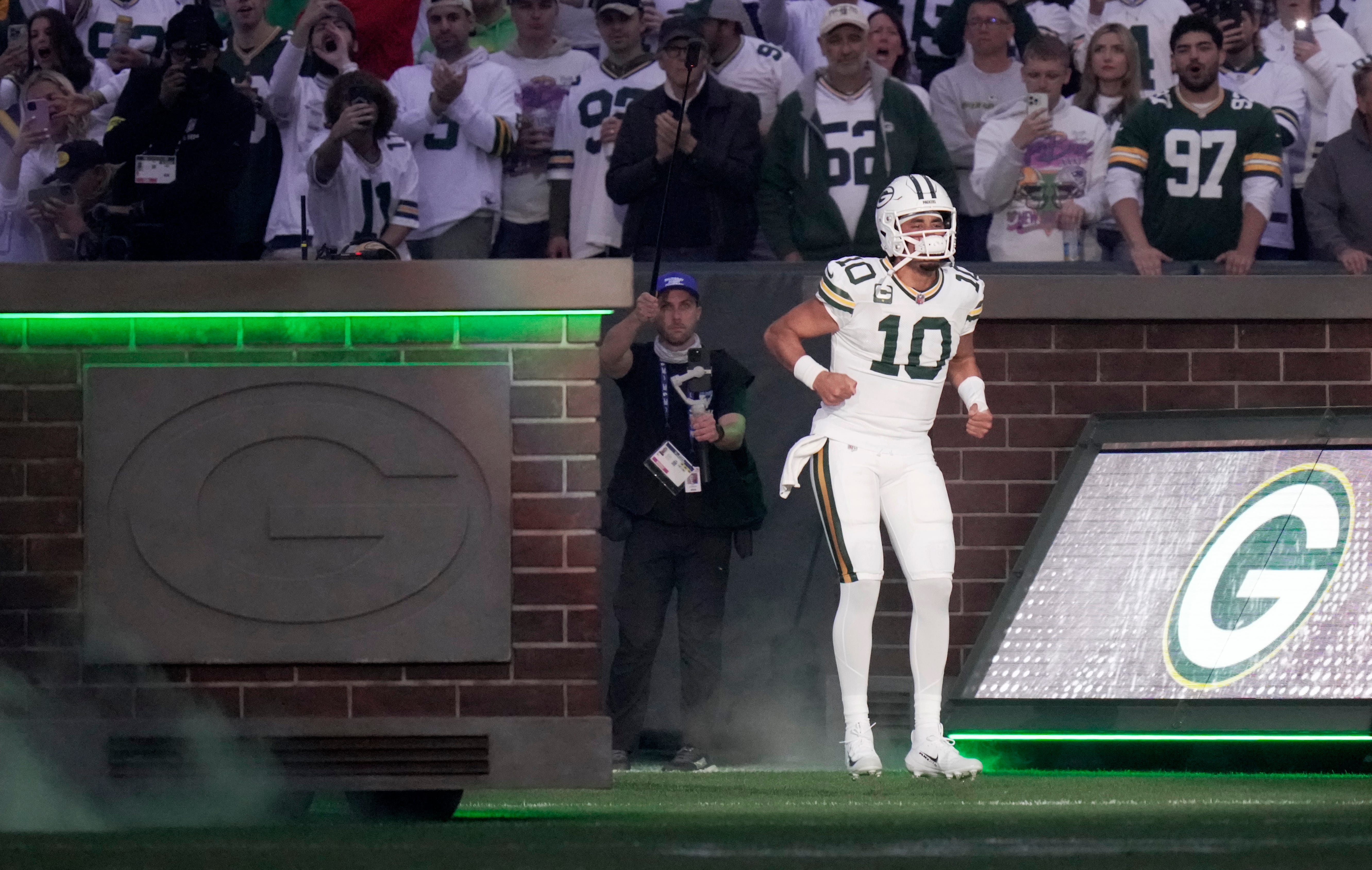 Green Bay Packers quarterback Jordan Love (10) is shown during introductions before their game against the Washington Commanders Thursday, September 11, 2025 at Lambeau Field in Green Bay, Wisconsin.