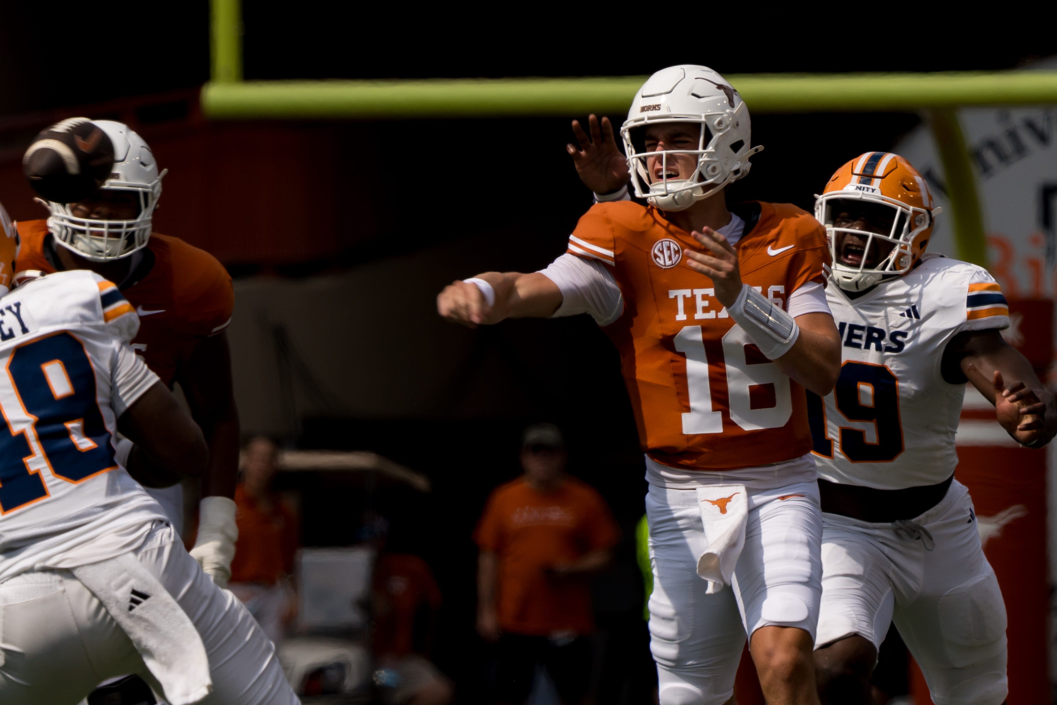 Texas football player, Arch Manning, (16) throws the ball during a football game against UTEP at Darrell K Royal–Texas Memorial Stadium in Austin, Texas, on Saturday, Sept. 13, 2025.