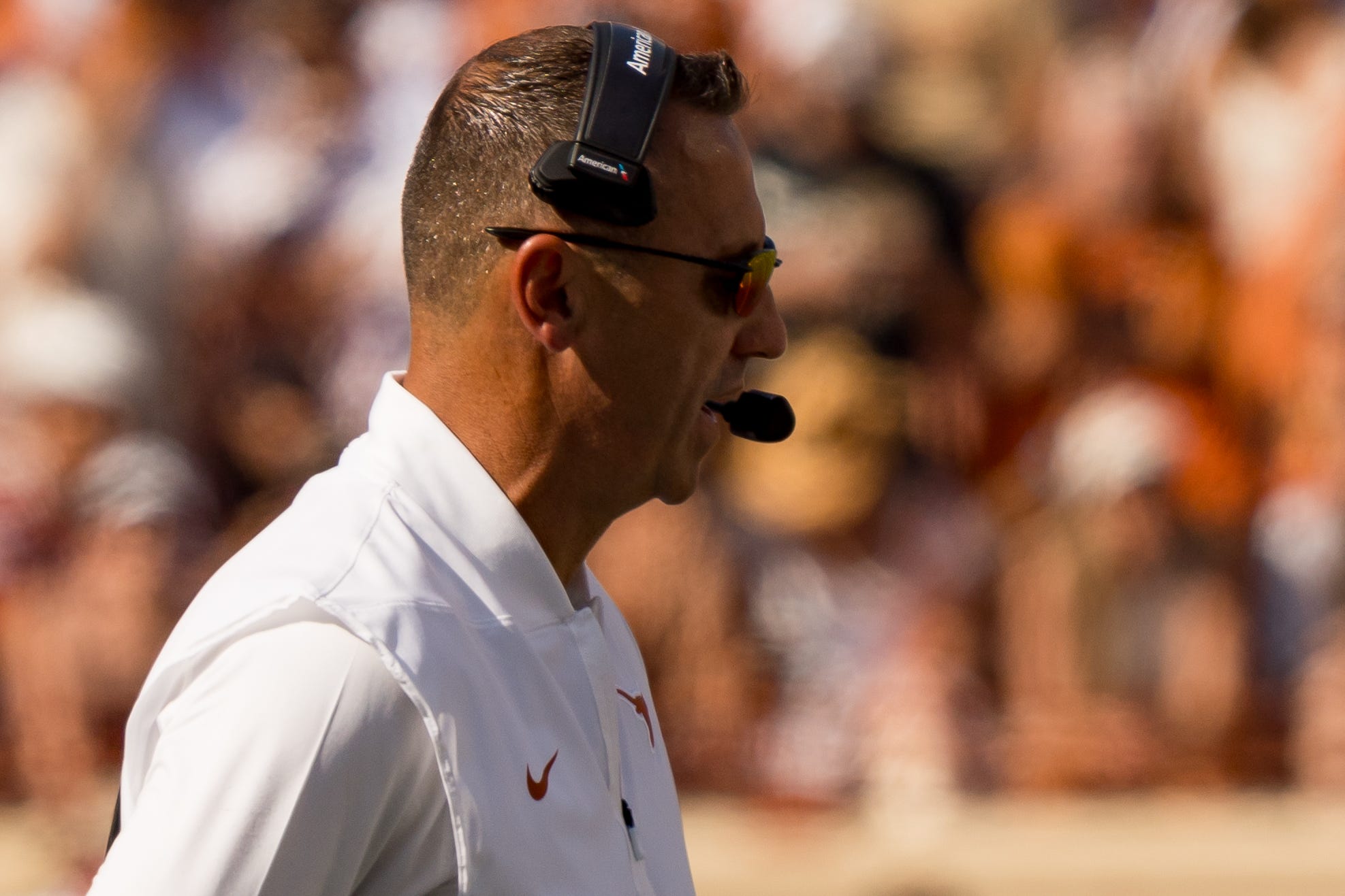 Texas head football coach Steve Sarkisian guides his team from the sidelines during a game against UTEP at Darrell K Royal–Texas Memorial Stadium in Austin, Texas, on Saturday, Sept. 13, 2025.
