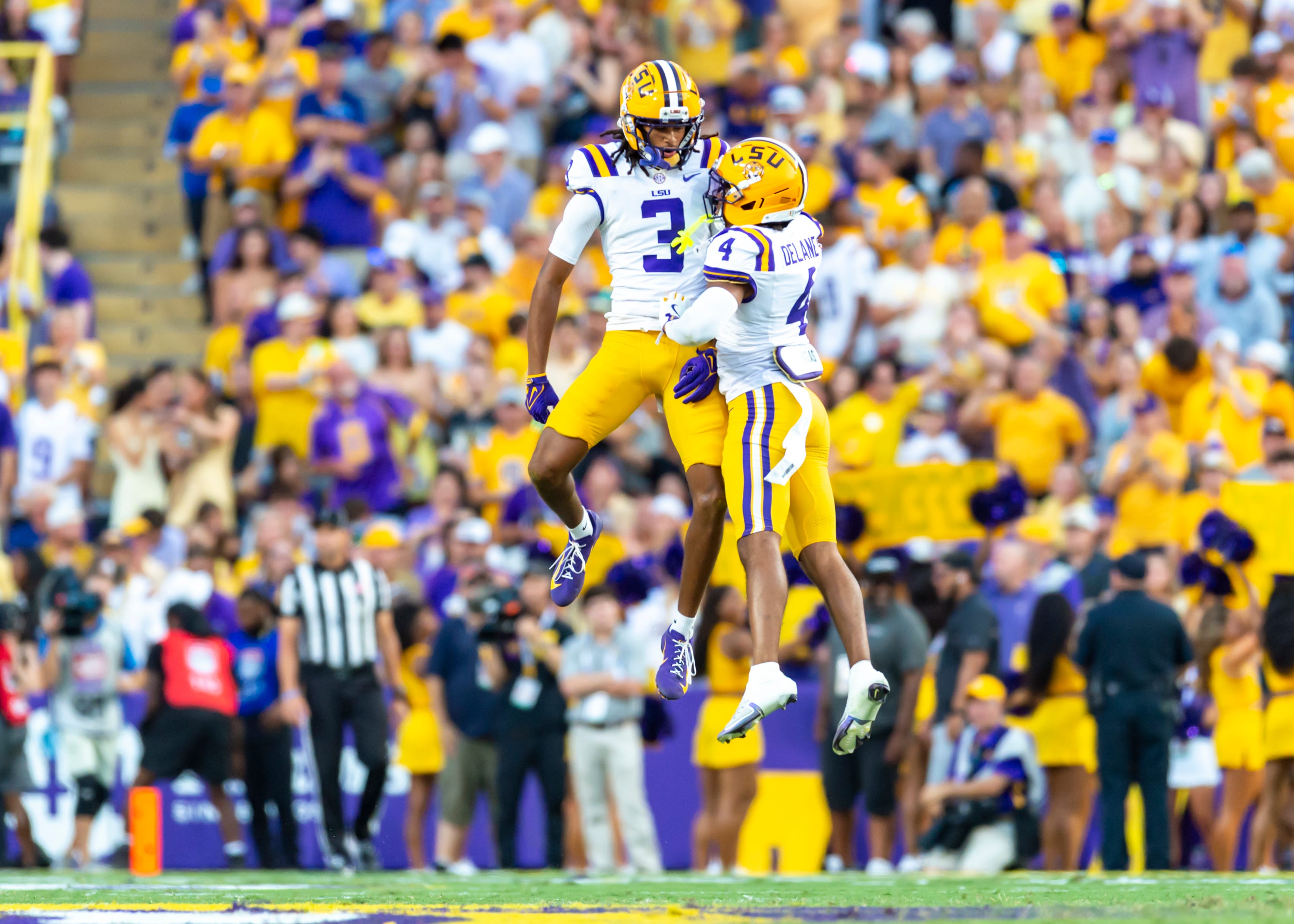 DJ Pickett 3 and Mansoor Delane 4, LSU Tigers take on the Florida Gators. Sept 13, 2025; Baton Rouge, Louisiana, USA; at Tiger Stadium.