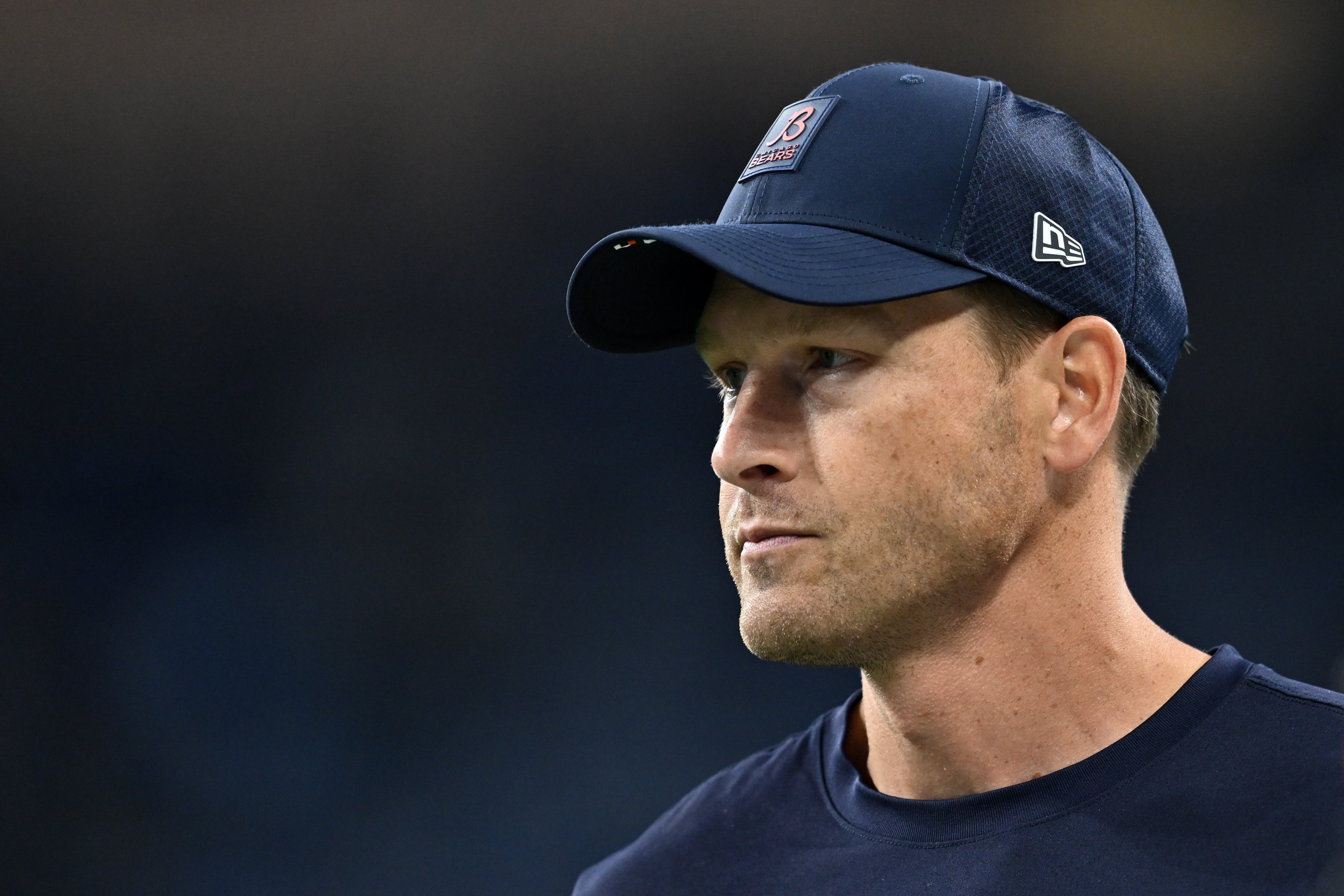 Sep 14, 2025; Detroit, Michigan, USA; Chicago Bears head coach Ben Johnson looks on during warmups prior to the game against the Detroit Lions at Ford Field.