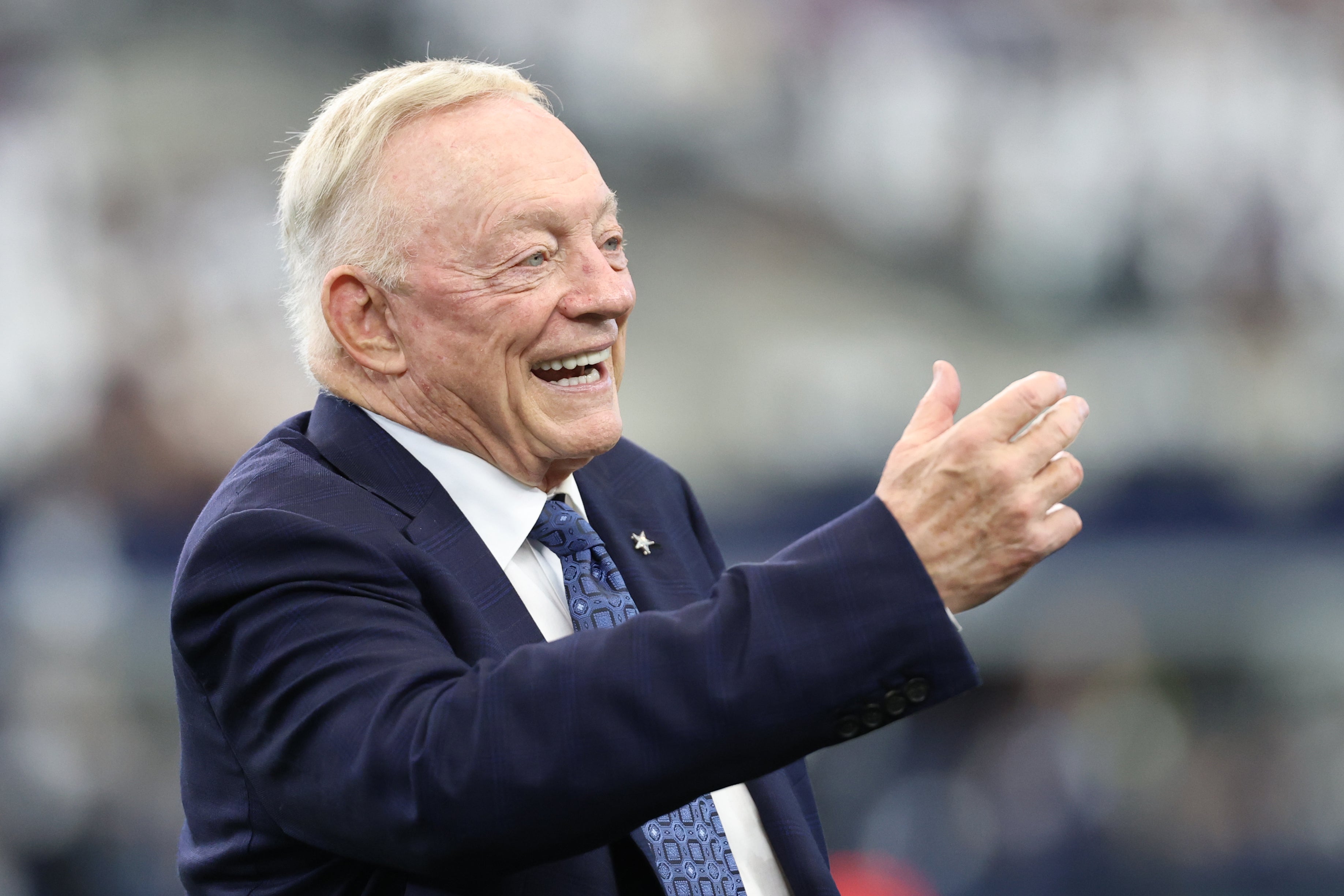 Sep 14, 2025; Arlington, Texas, USA; Dallas Cowboys owner Jerry Jones on the sideilne before the game against the New York Giants at AT&T Stadium.