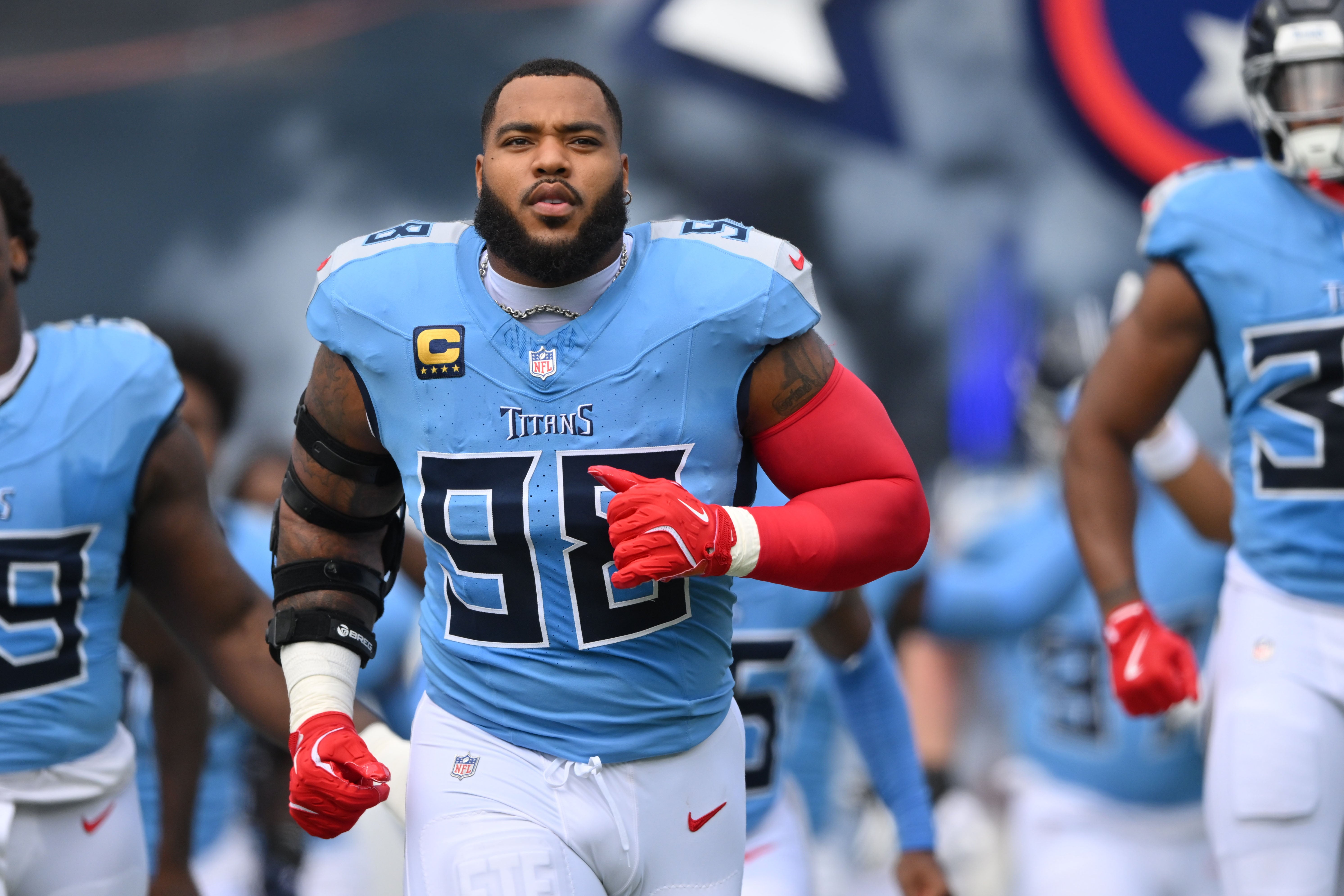 Tennessee Titans defensive tackle Jeffery Simmons (98) before the first half at Nissan Stadium.