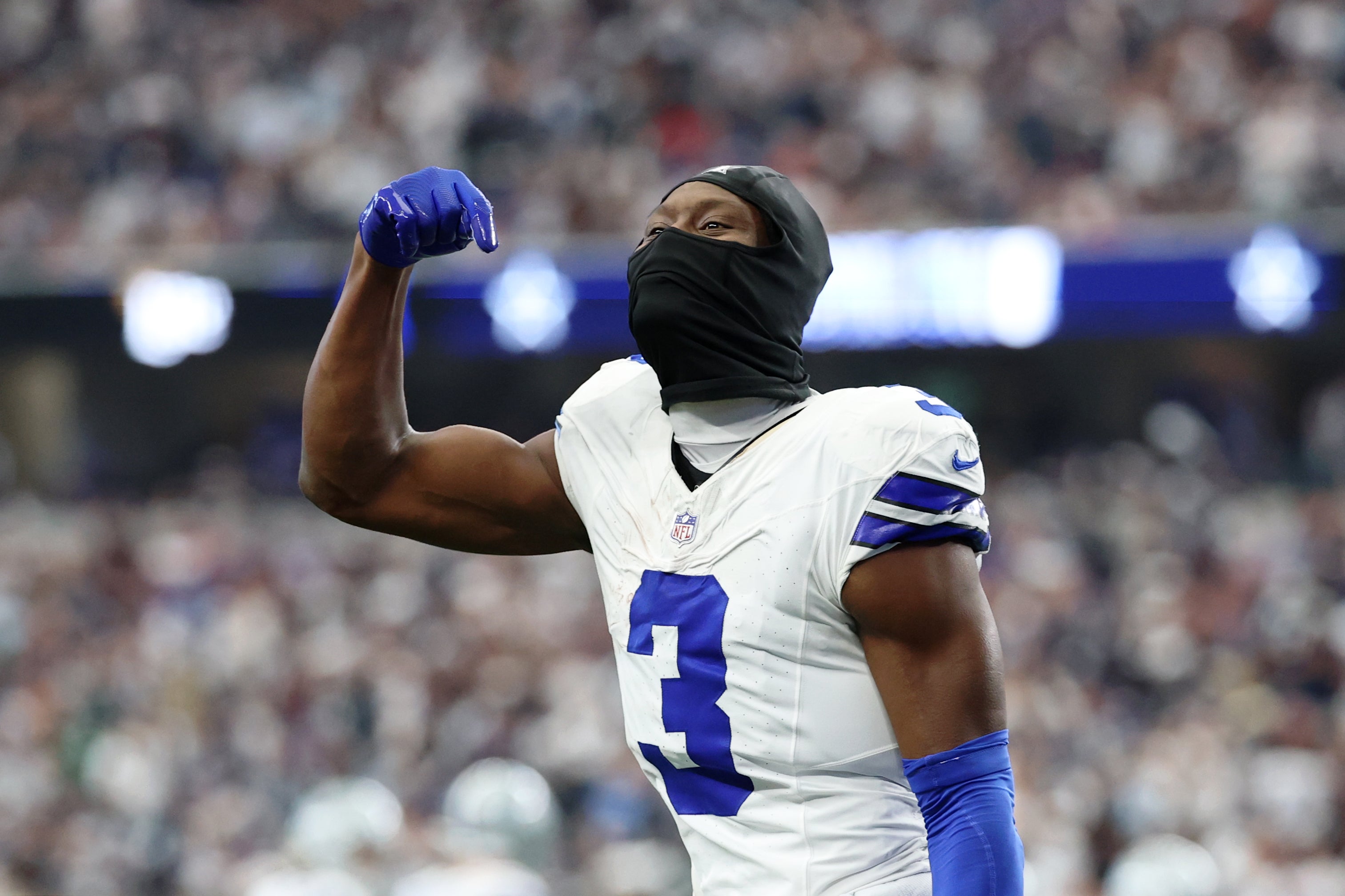 Sep 14, 2025; Arlington, Texas, USA; Dallas Cowboys wide receiver George Pickens (3) reacts after a play against the New York Giants during the fourth quarter at AT&T Stadium.