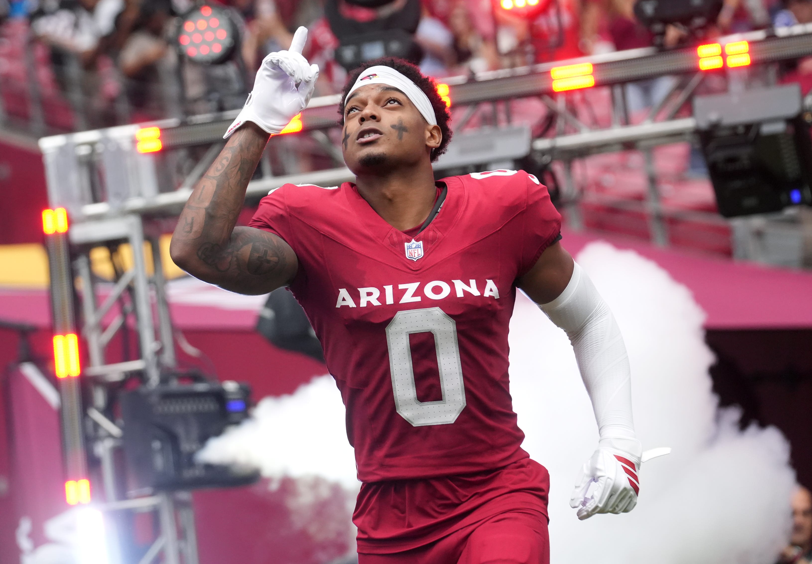 Arizona Cardinals cornerback Will Johnson (0) is introduced before their game against the Carolina Panthers at State Farm Stadium on Sept 14, 2025.