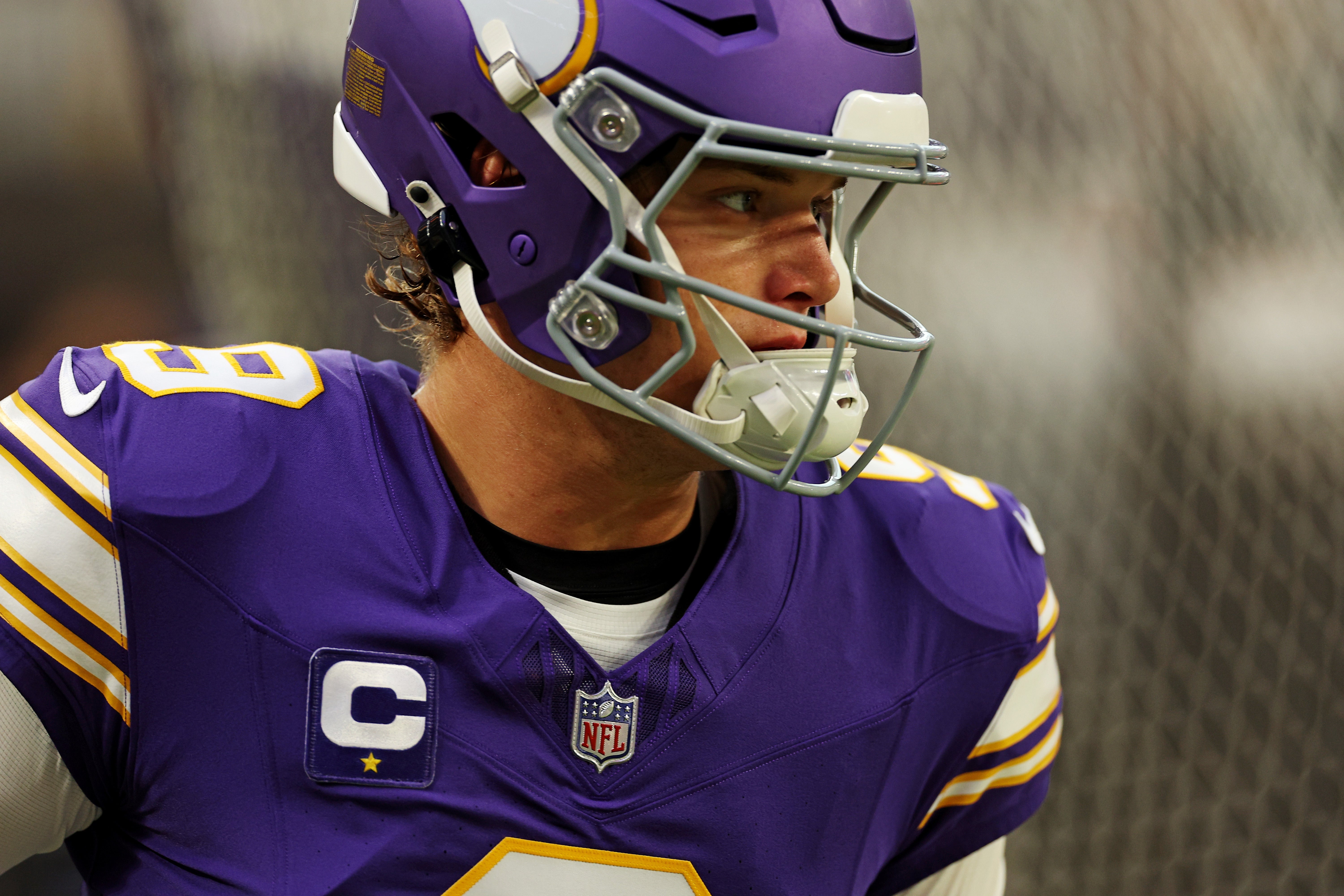 Sep 14, 2025; Minneapolis, Minnesota, USA; Minnesota Vikings quarterback J.J. McCarthy (9) takes the field before the game against Atlanta Falcons at U.S. Bank Stadium.