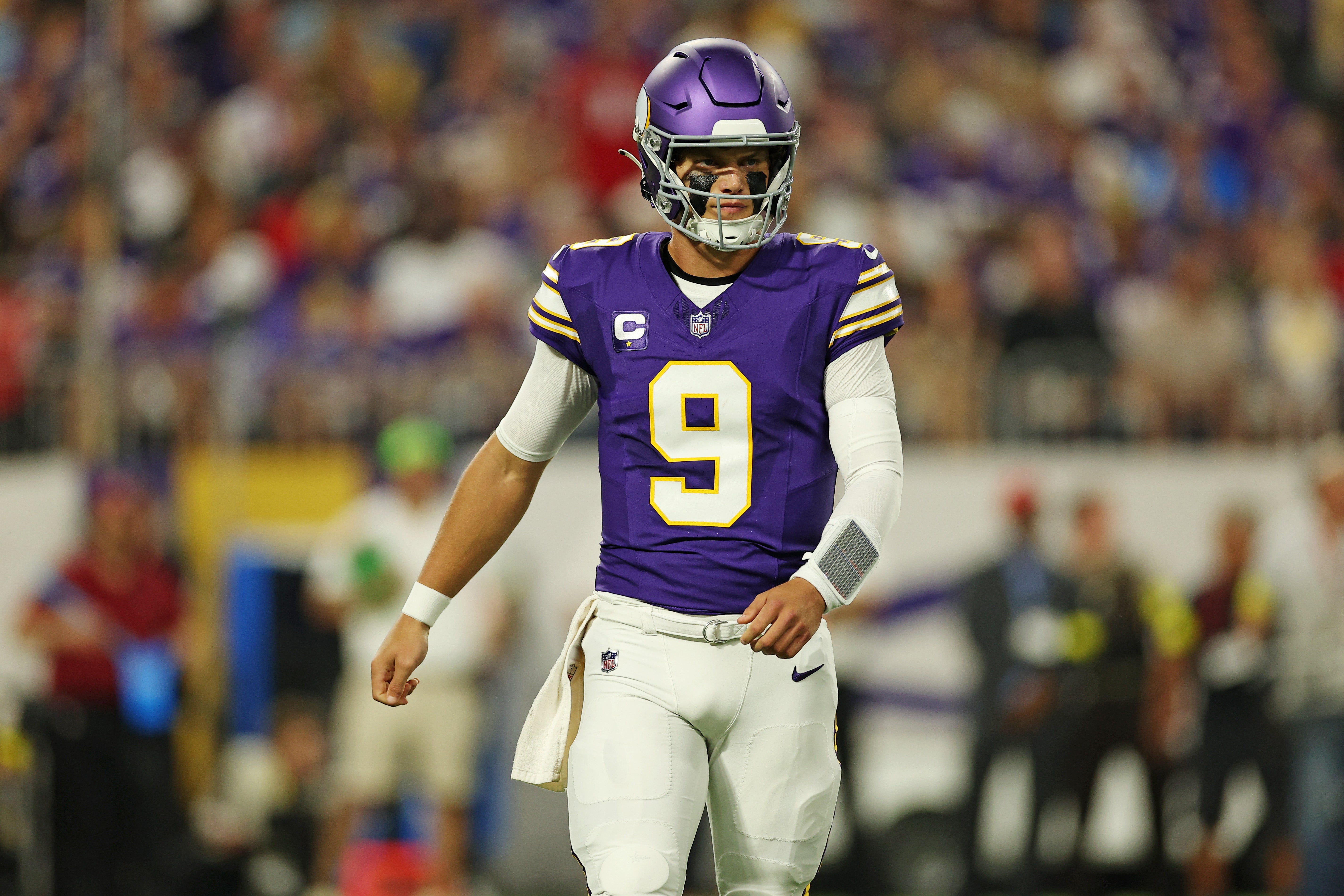 Sep 14, 2025; Minneapolis, Minnesota, USA; Minnesota Vikings quarterback J.J. McCarthy (9) reacts after a play during the first half against the Atlanta Falcons at U.S. Bank Stadium.