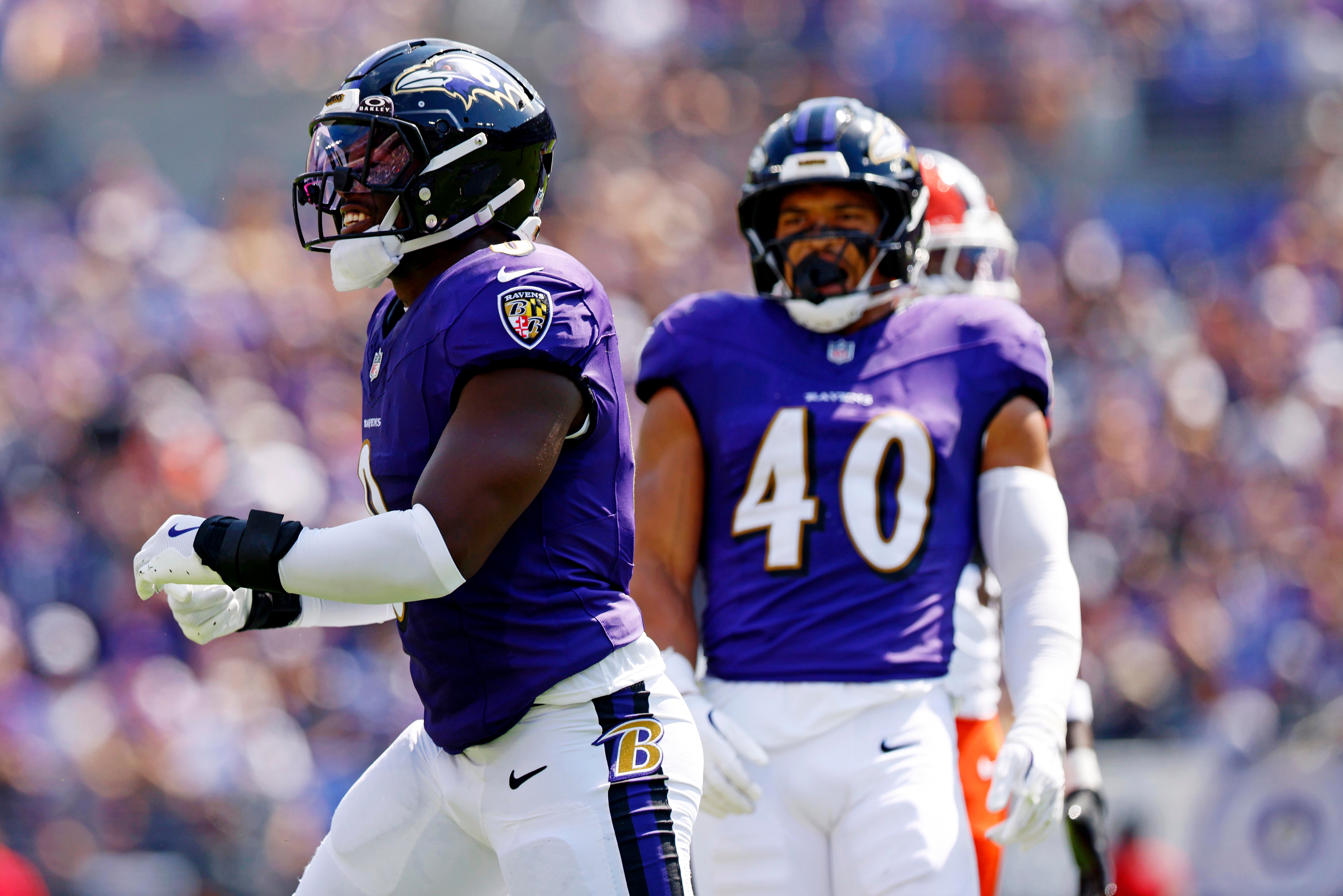 Sep 14, 2025; Baltimore, Maryland, USA; Baltimore Ravens linebacker Roquan Smith (0) celebrates after a play during the first half against the Cleveland Browns at M&T Bank Stadium.