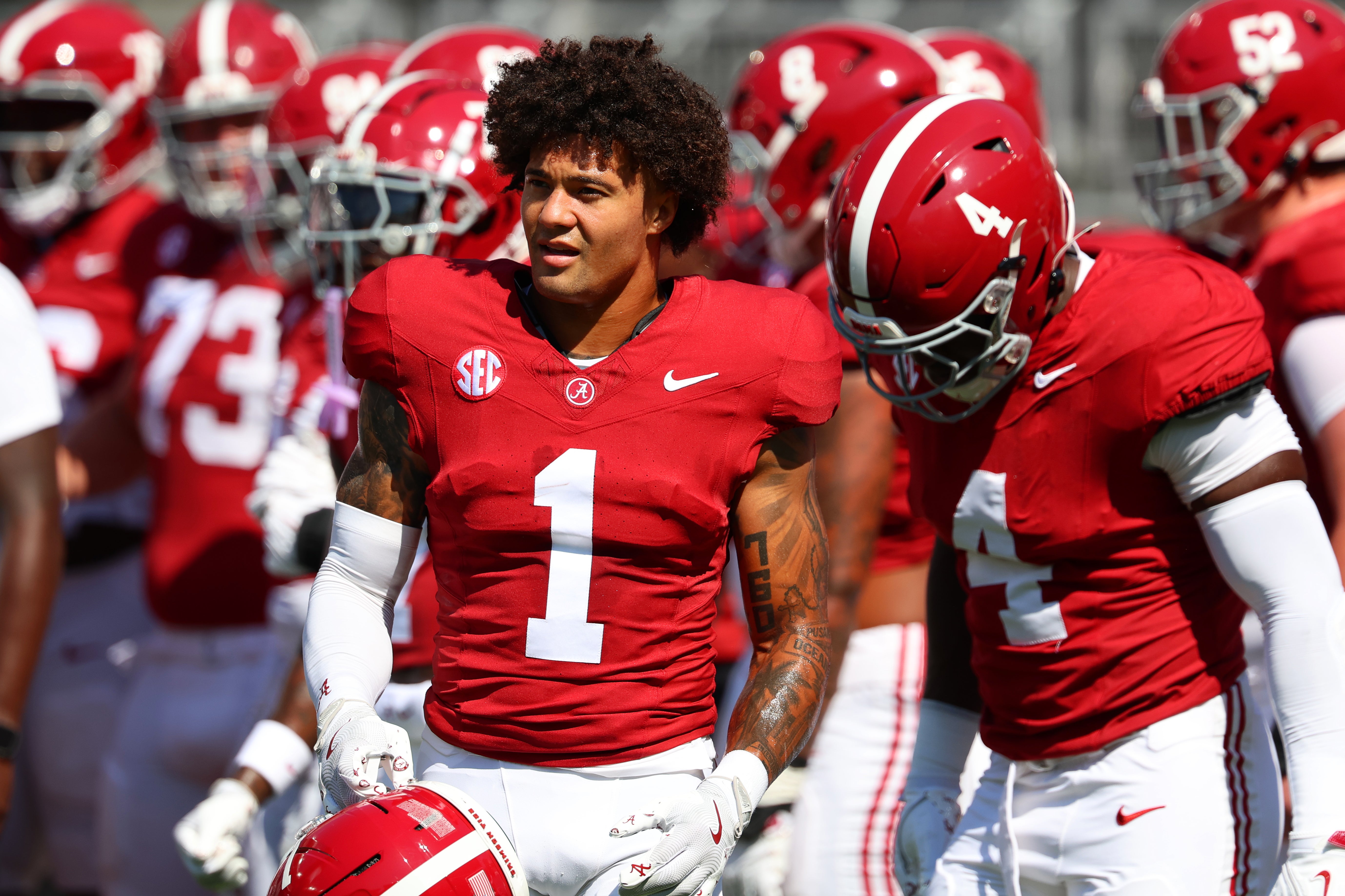 Sep 13, 2025; Tuscaloosa, Alabama, USA; Alabama Crimson Tide defensive back Domani Jackson (1) warms up before the game against the Wisconsin Badgers at Saban Field at Bryant-Denny Stadium.