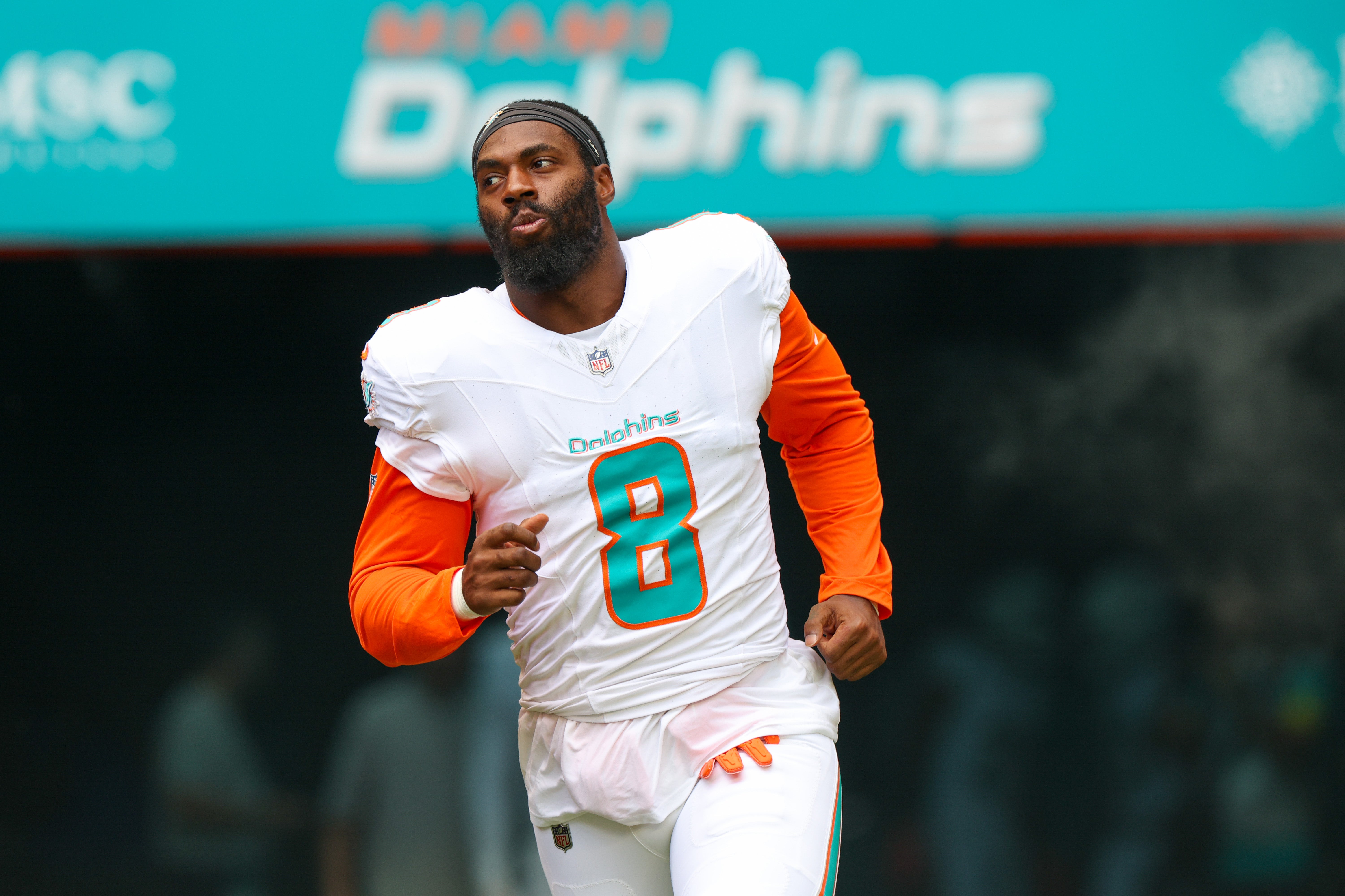 Sep 14, 2025; Miami Gardens, Florida, USA; Miami Dolphins linebacker Matthew Judon (8) is introduced for a game against the New England Patriots at Hard Rock Stadium.