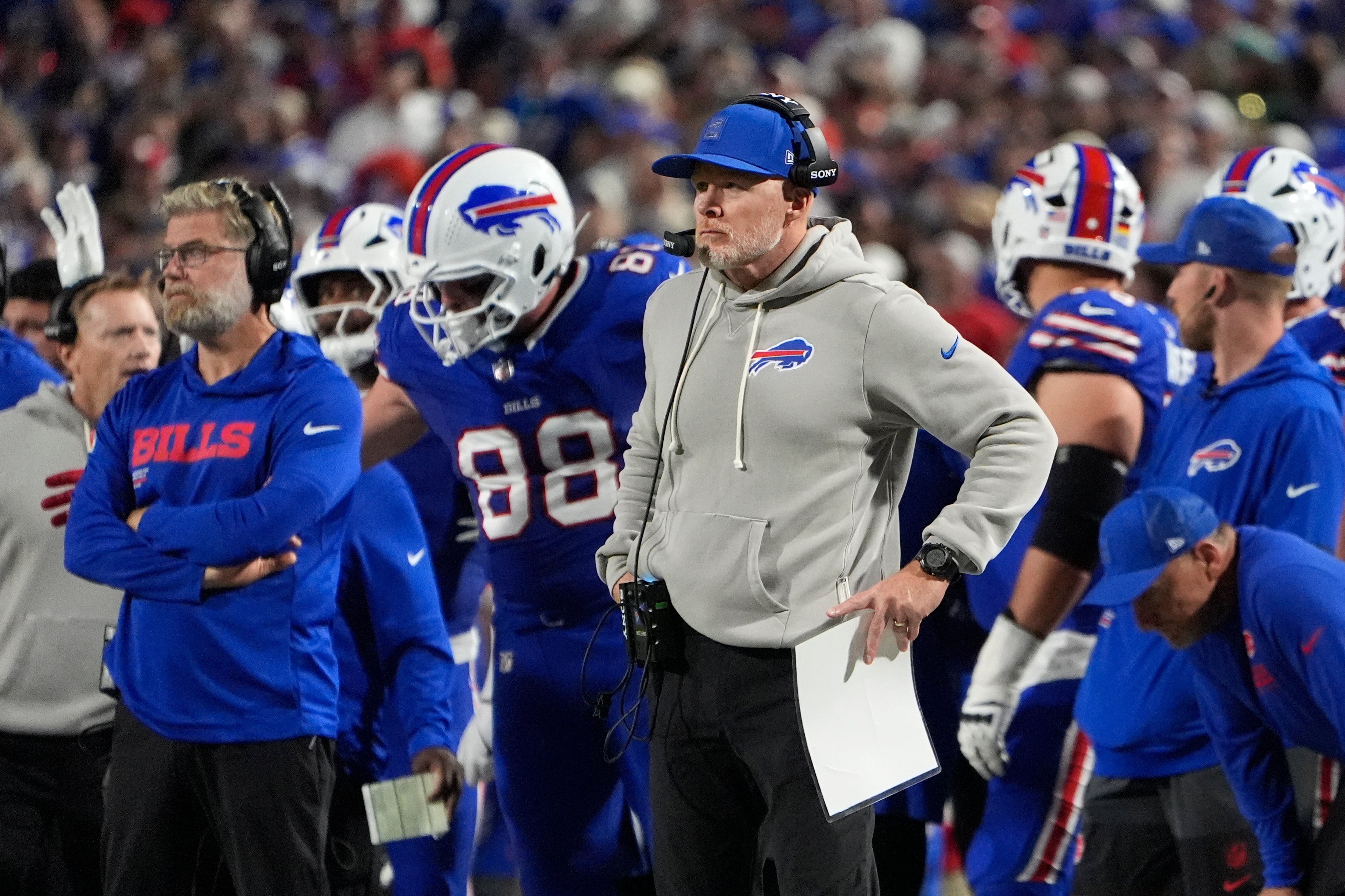 Sep 18, 2025; Orchard Park, New York, USA; Buffalo Bills head coach Sean McDermott looks on in the fourth quarter against the Miami Dolphins at Highmark Stadium.