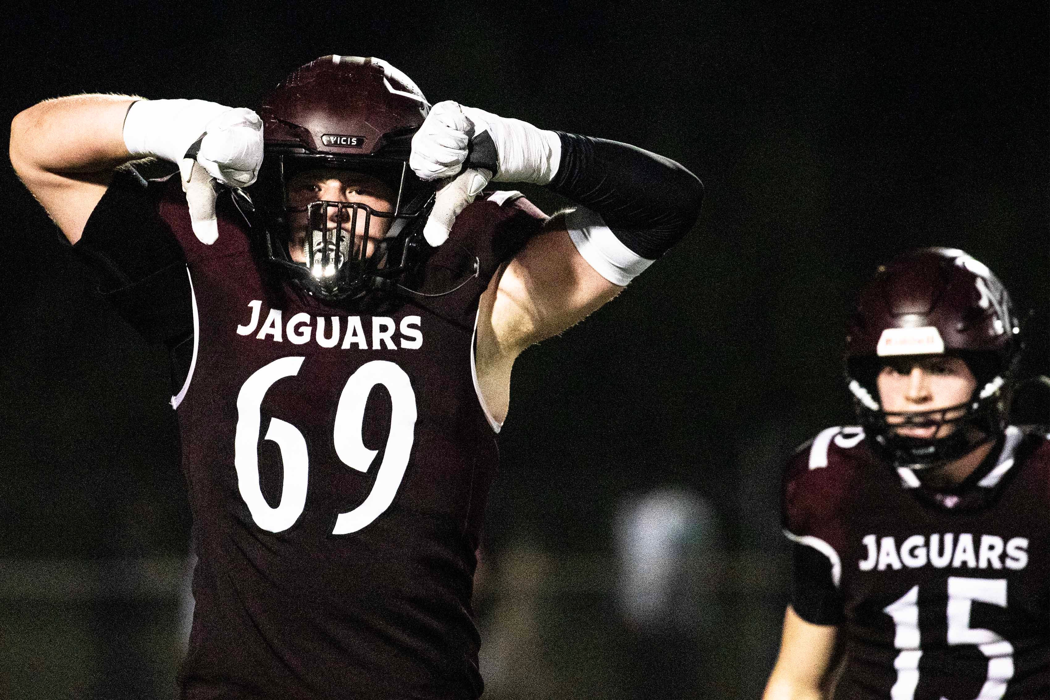 Appoquinimink junior Layton von Brandt (69) celebrates a play, with sophomore Bryce Alleman (15) in the background, against Howard during the football game at Appoquinimink in Middletown on Sept. 19, 2025. Howard won 46-39.