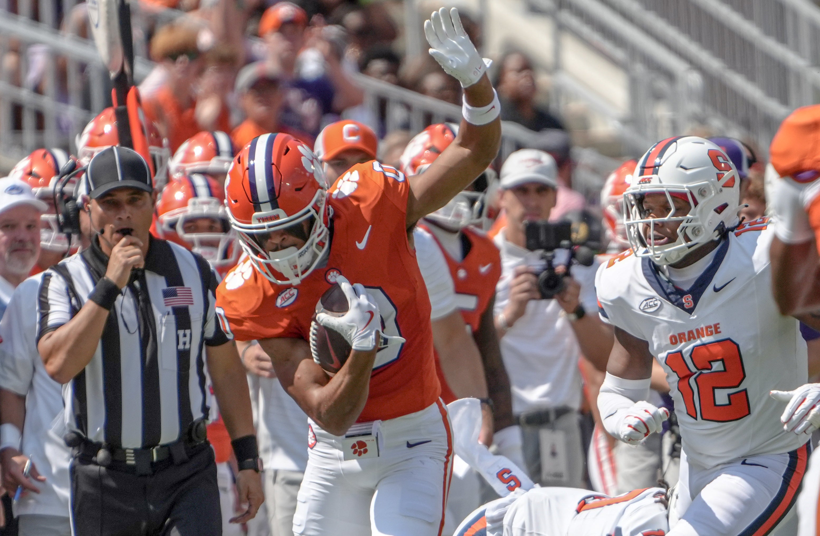 Sep 20, 2025; Clemson, South Carolina, USA; Clemson Tigers wide receiver Antonio Williams (0) is defended by Syracuse Orange defensive back Anwar Sparrow (12) during the first quarter at Memorial Stadium. Mandatory Credit: Ken Ruinard/GREENVILLE NEWS-USA TODAY Network via Imagn Images