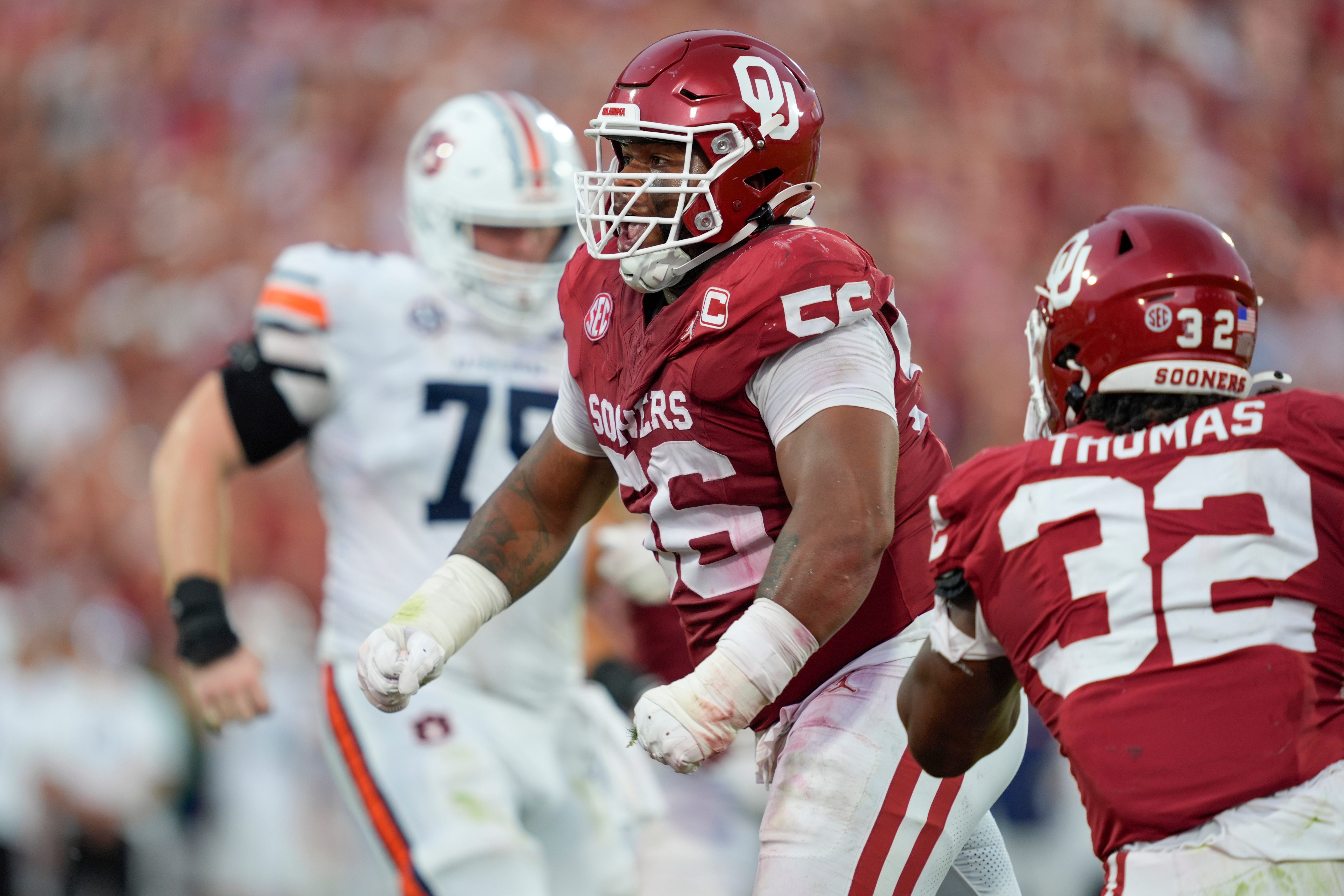 Oklahoma Sooners defensive lineman Gracen Halton (56) celebrates after a sack during a college football game between the University of Oklahoma Sooners (OU) and the Auburn Tigers at Gaylord Family Ð Oklahoma Memorial Stadium in Norman, Okla., Saturday,Sept. 20, 2025. Oklahoma won 24-17.