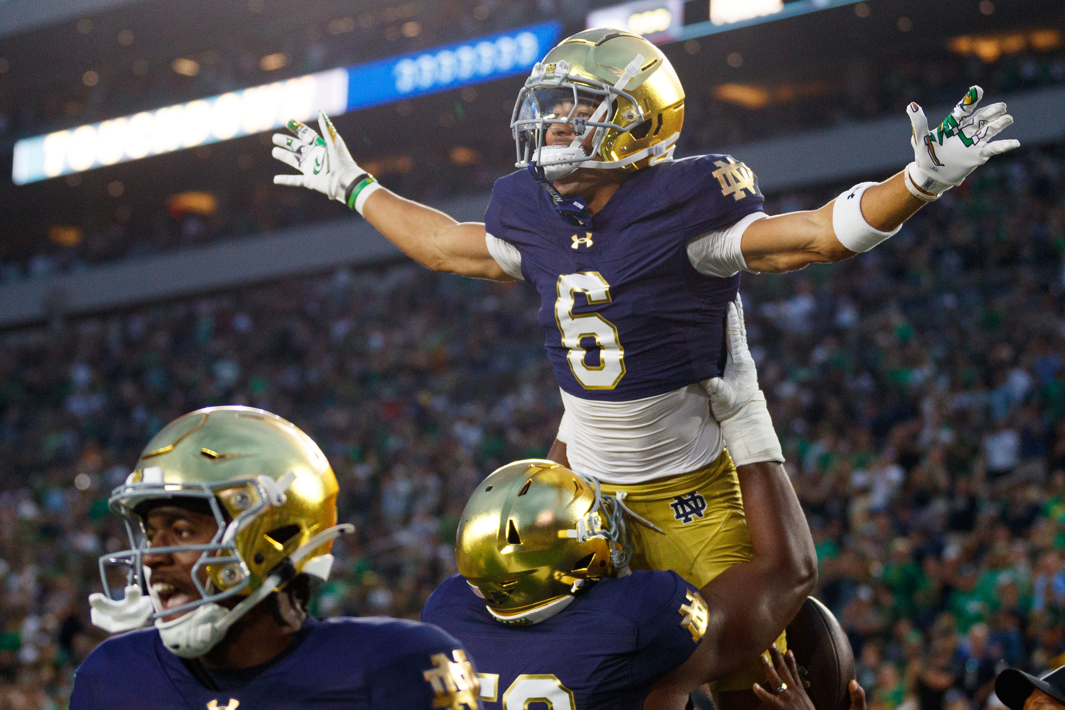 Notre Dame wide receiver Jordan Faison (6) celebrates after scoring a touchdown during the second half of a NCAA football game against Purdue at Notre Dame Stadium on Saturday, Sept. 20, 2025, in South Bend.