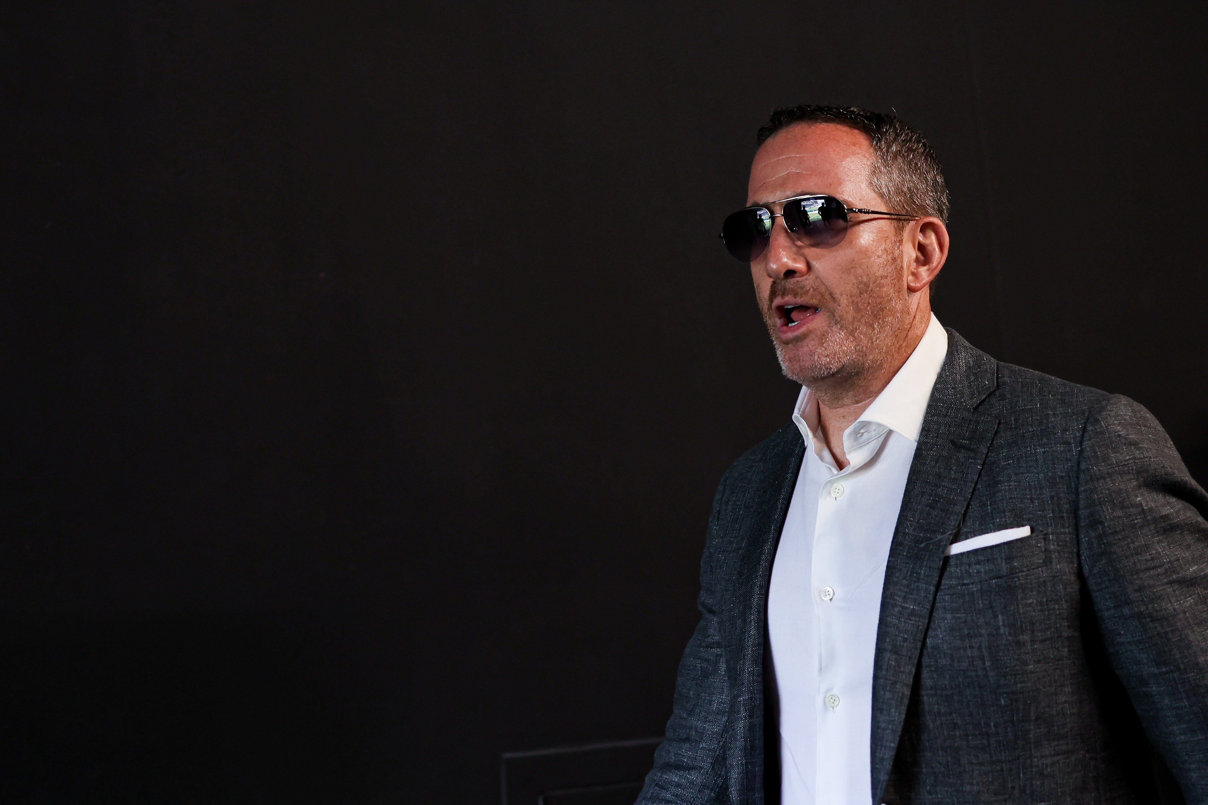 Philadelphia Eagles general manager Howie Roseman walk out of the team tunnel before a game against the Los Angeles Rams at Lincoln Financial Field.