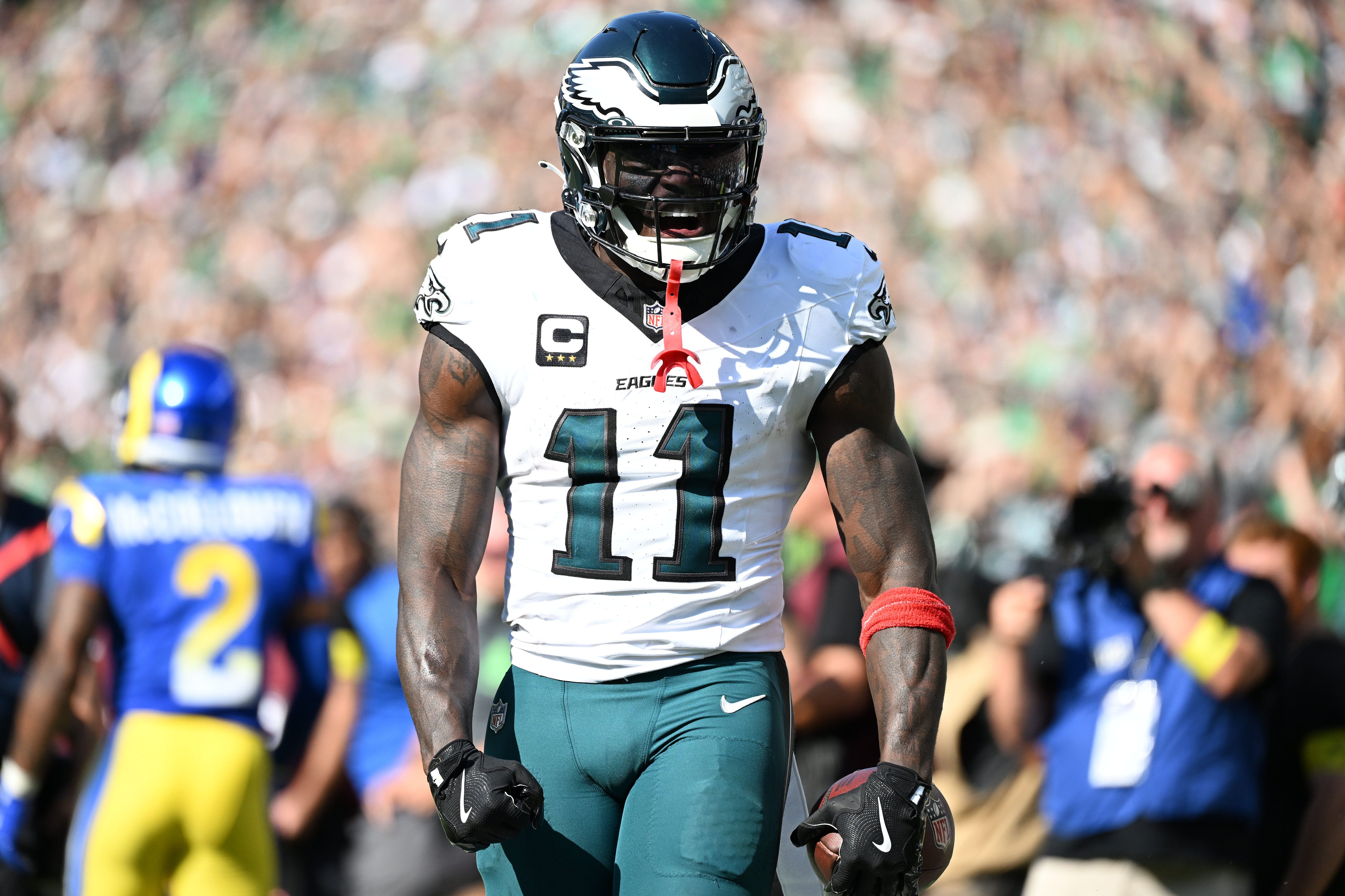 Philadelphia Eagles wide receiver AJ. Brown (11) reacts against the Los Angeles Rams during the second half at Lincoln Financial Field. Philadelphia Eagles wide receiver AJ. Brown (11) reacts against the Los Angeles Rams during the second half at Lincoln Financial Field.