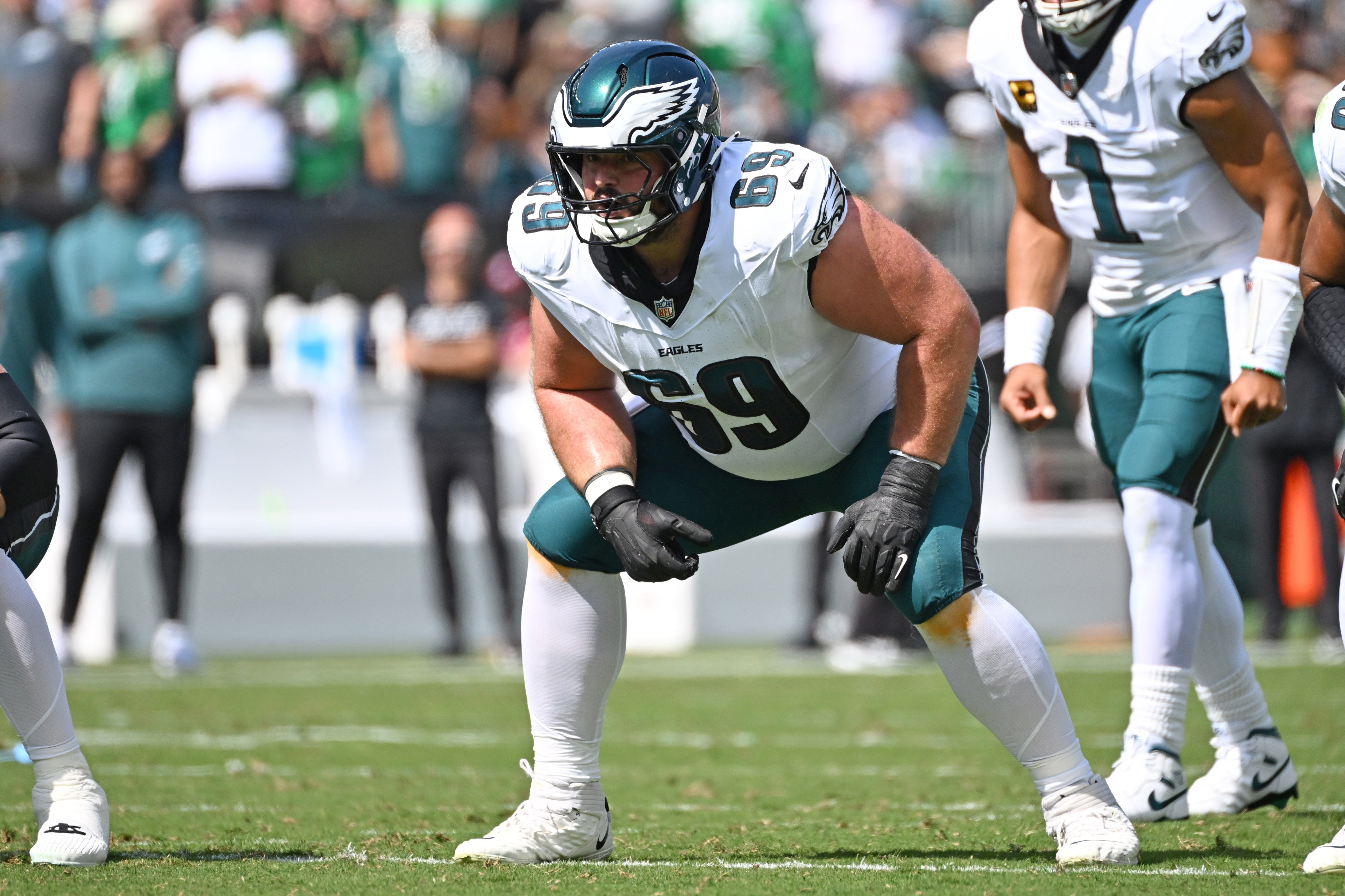 Philadelphia Eagles guard Landon Dickerson (69) against the Los Angeles Rams at Lincoln Financial Field.