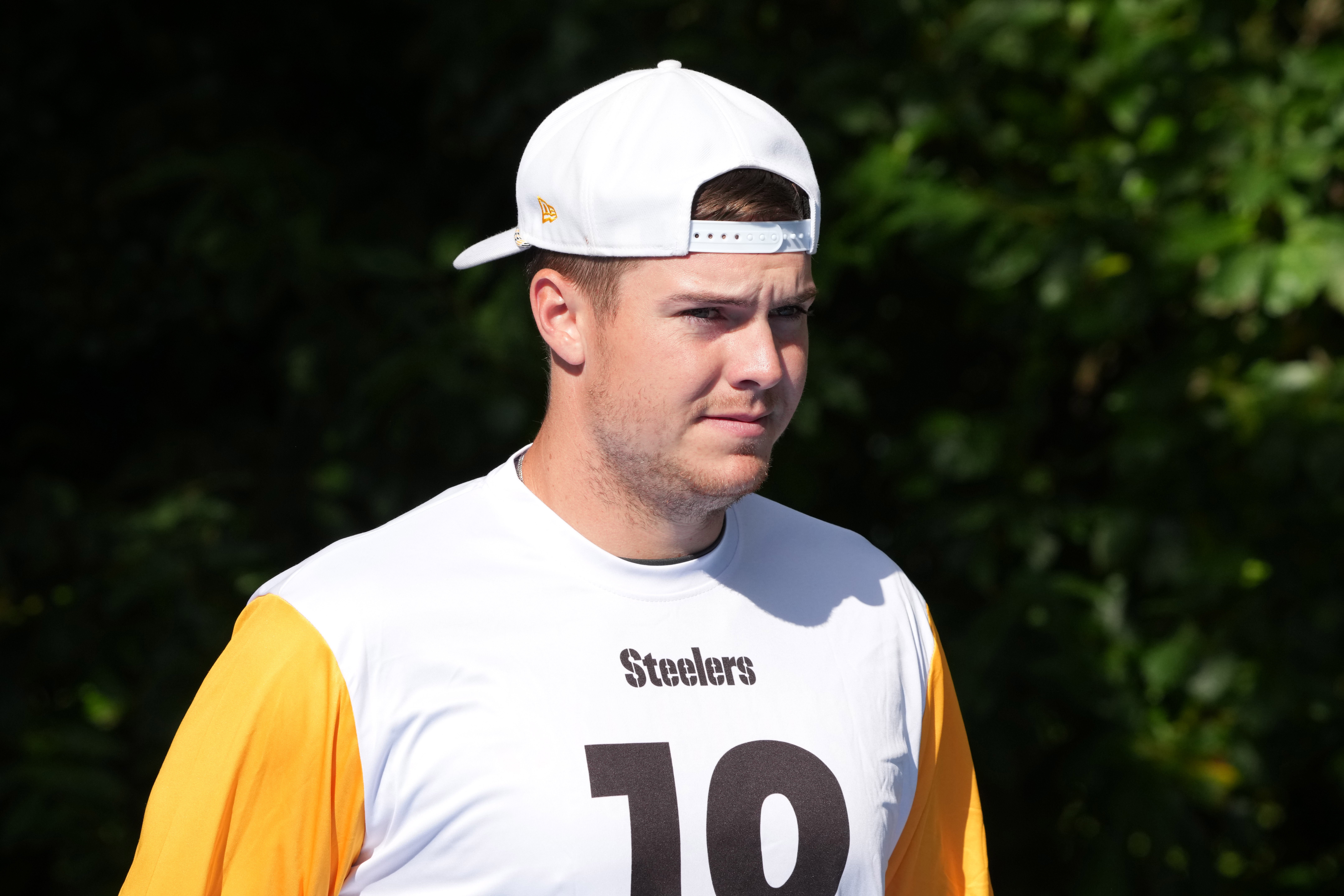 Sep 26, 2025; Maynooth, Ireland; Pittsburgh Steelers quarterback Will Howard (18) during practice at Carton House.