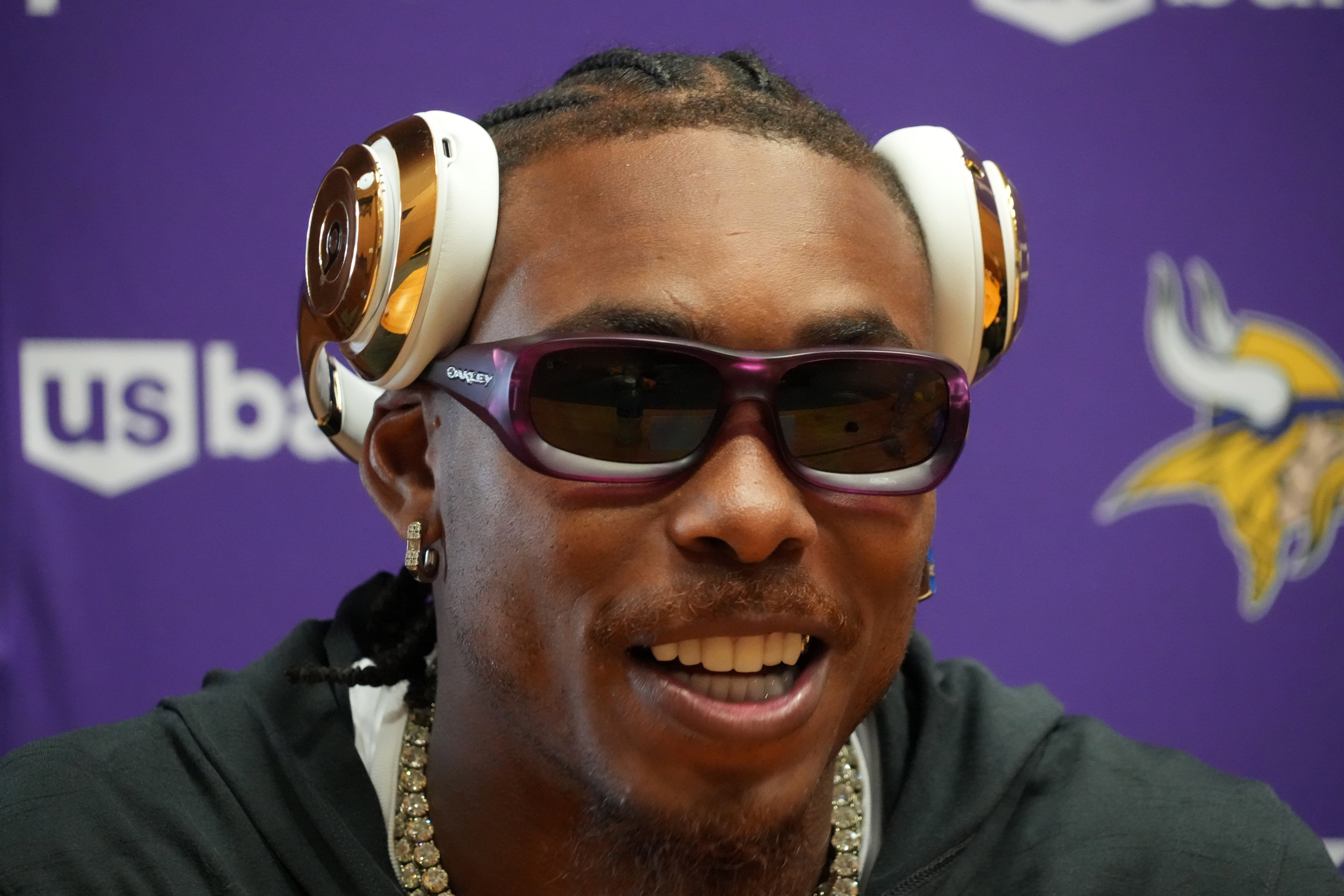 Sep 26, 2025; Dublin, Ireland; Minnesota Vikings wide receiver Justin Jefferson at press conference at Sport Ireland Campus.