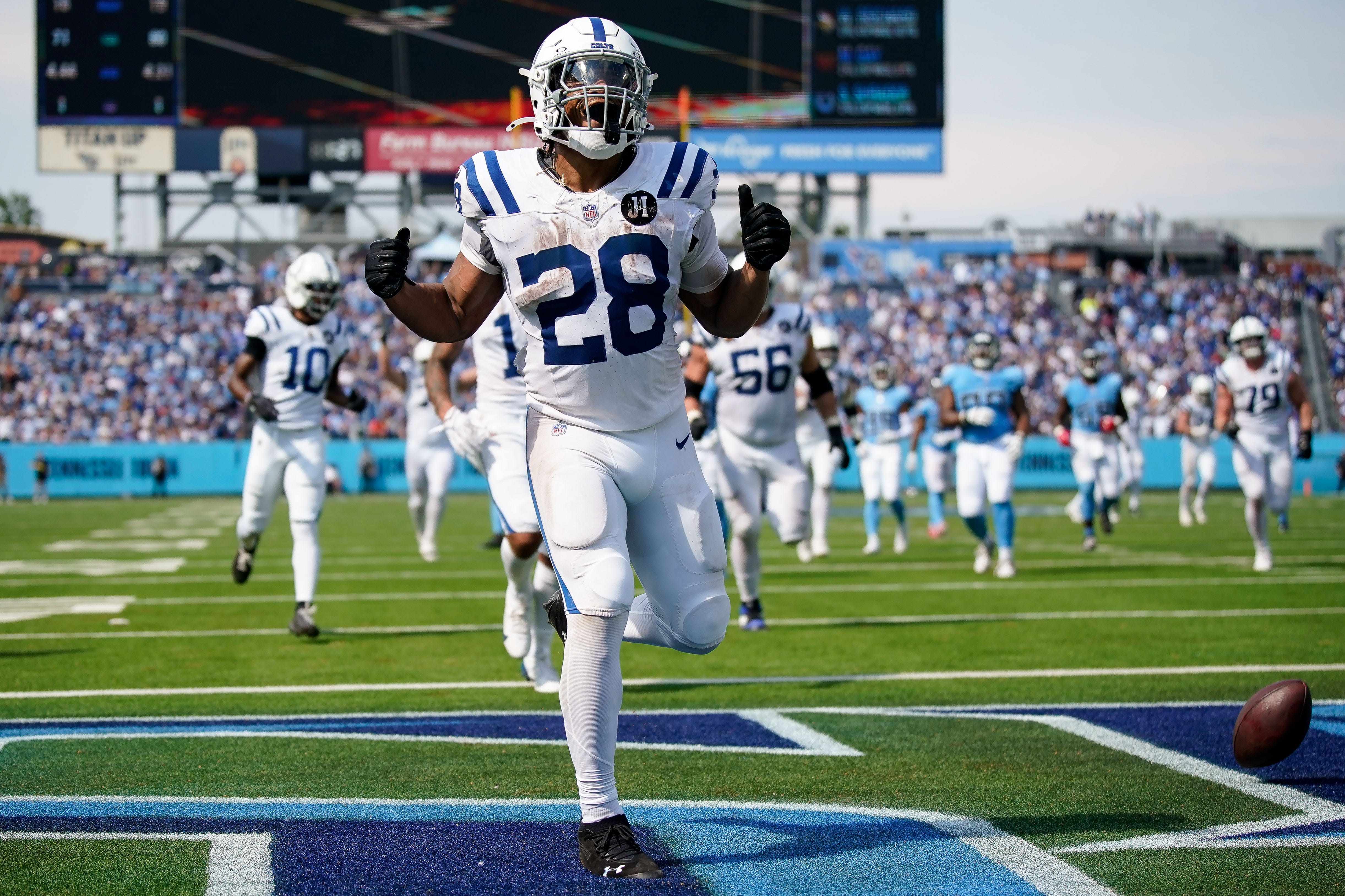 Colts RB Jonathan Taylor celebrates a touchdown vs. the Titans