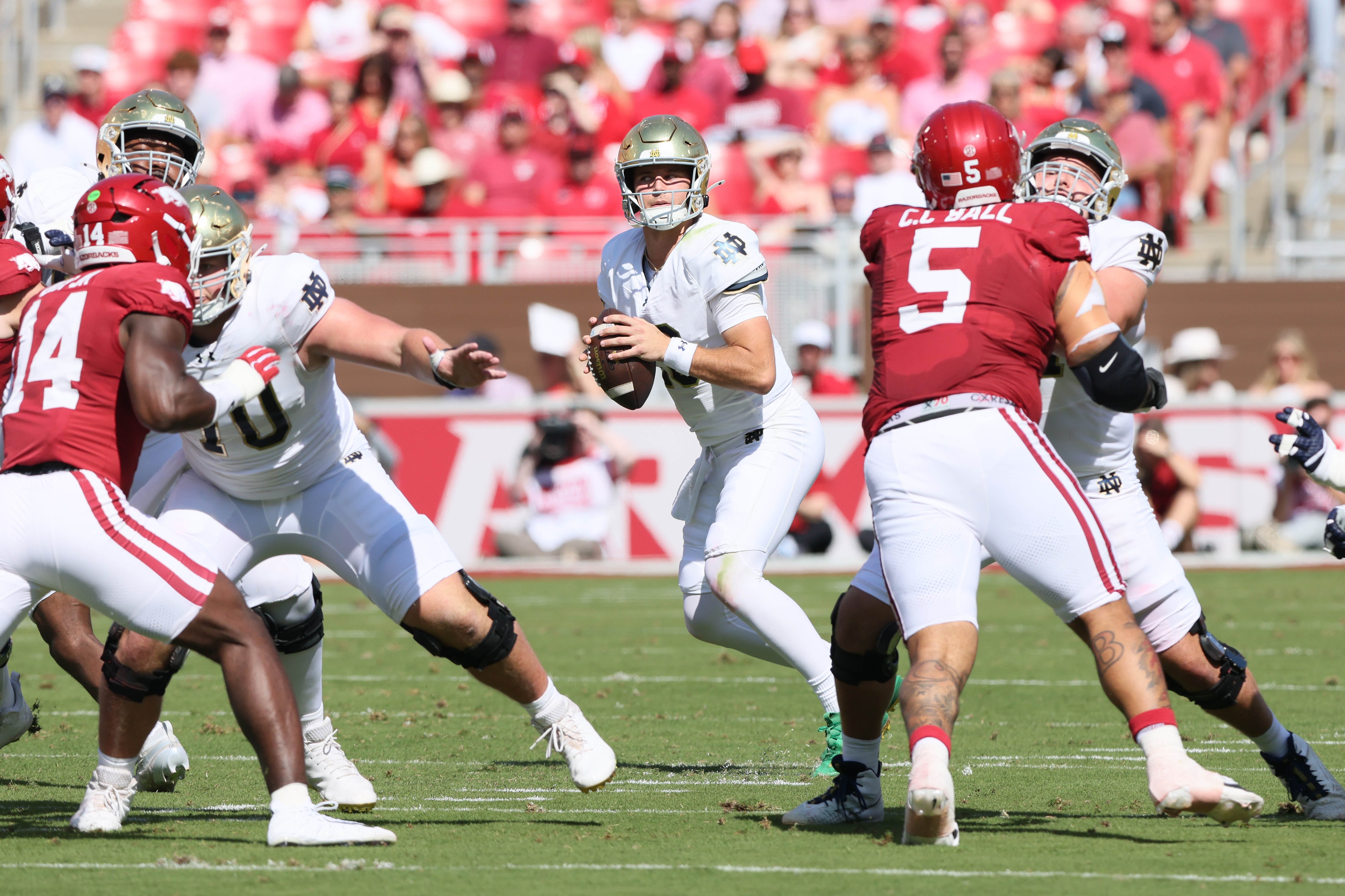 Sep 27, 2025; Fayetteville, Arkansas, USA; Notre Dame Fighting Irish quarterback CJ Carr (13) drops back to pass during the first quarter against the Arkansas Razorbacks at Donald W. Reynolds Razorback Stadium. Mandatory Credit: Nelson Chenault-Imagn Images