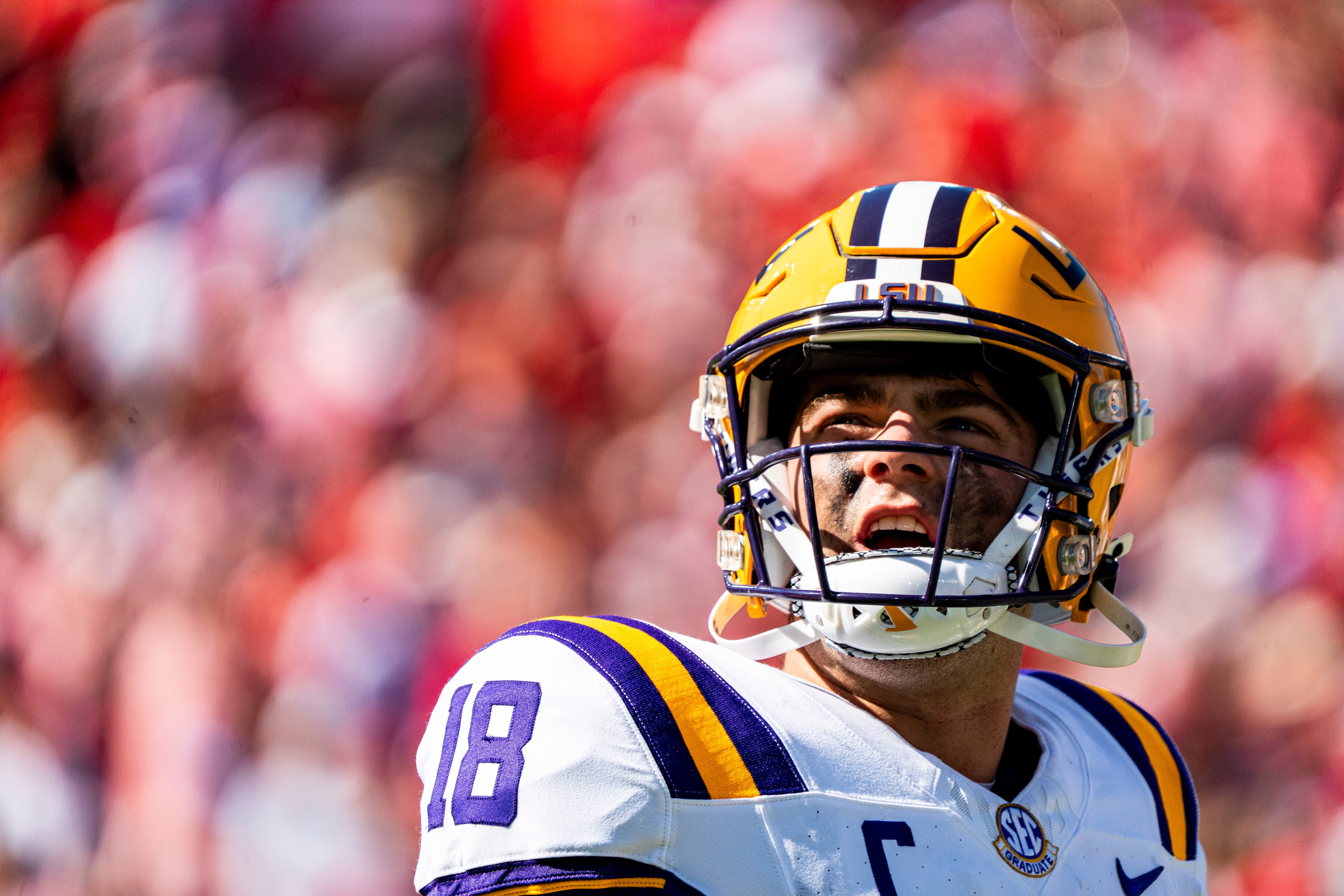 LSU quarterback Garrett Nussmeier (18) looks into the stands after failing to get a first down during a college football game between Ole Miss and LSU at Vaught-Hemingway Stadium in Oxford, Miss., on Saturday, Sept. 27, 2025.