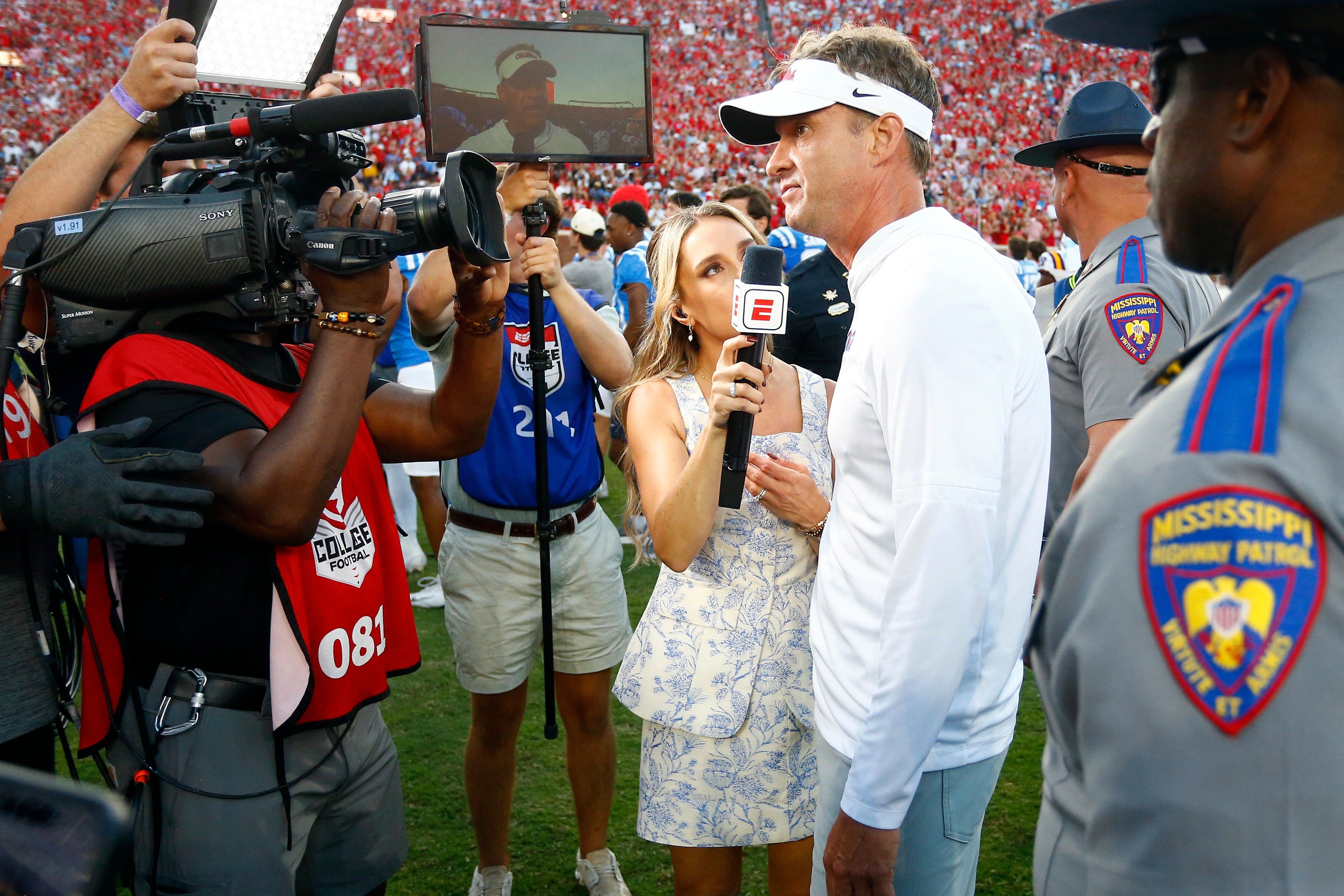 Sep 27, 2025; Oxford, Mississippi, USA; Mississippi Rebels head coach Lane Kiffin is interviewed by ESPN after defeating the LSU Tigers at Vaught-Hemingway Stadium.