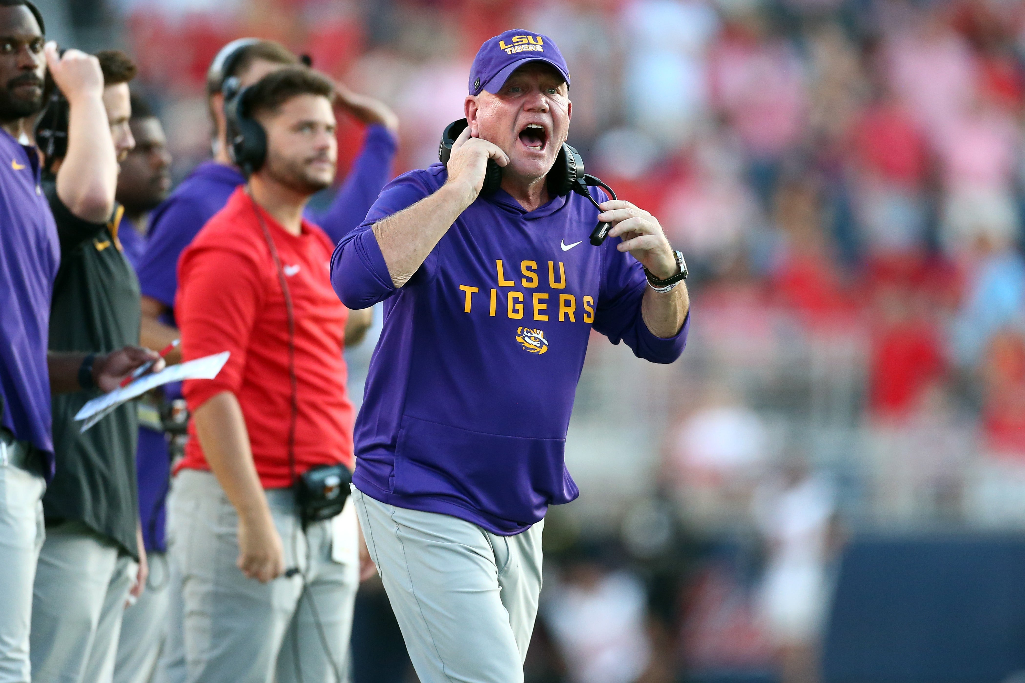 Sep 27, 2025; Oxford, Mississippi, USA; LSU Tigers head coach Brian Kelly reacts during the fourth quarter against the Mississippi Rebels at Vaught-Hemingway Stadium. Mandatory Credit: Petre Thomas-Imagn Images