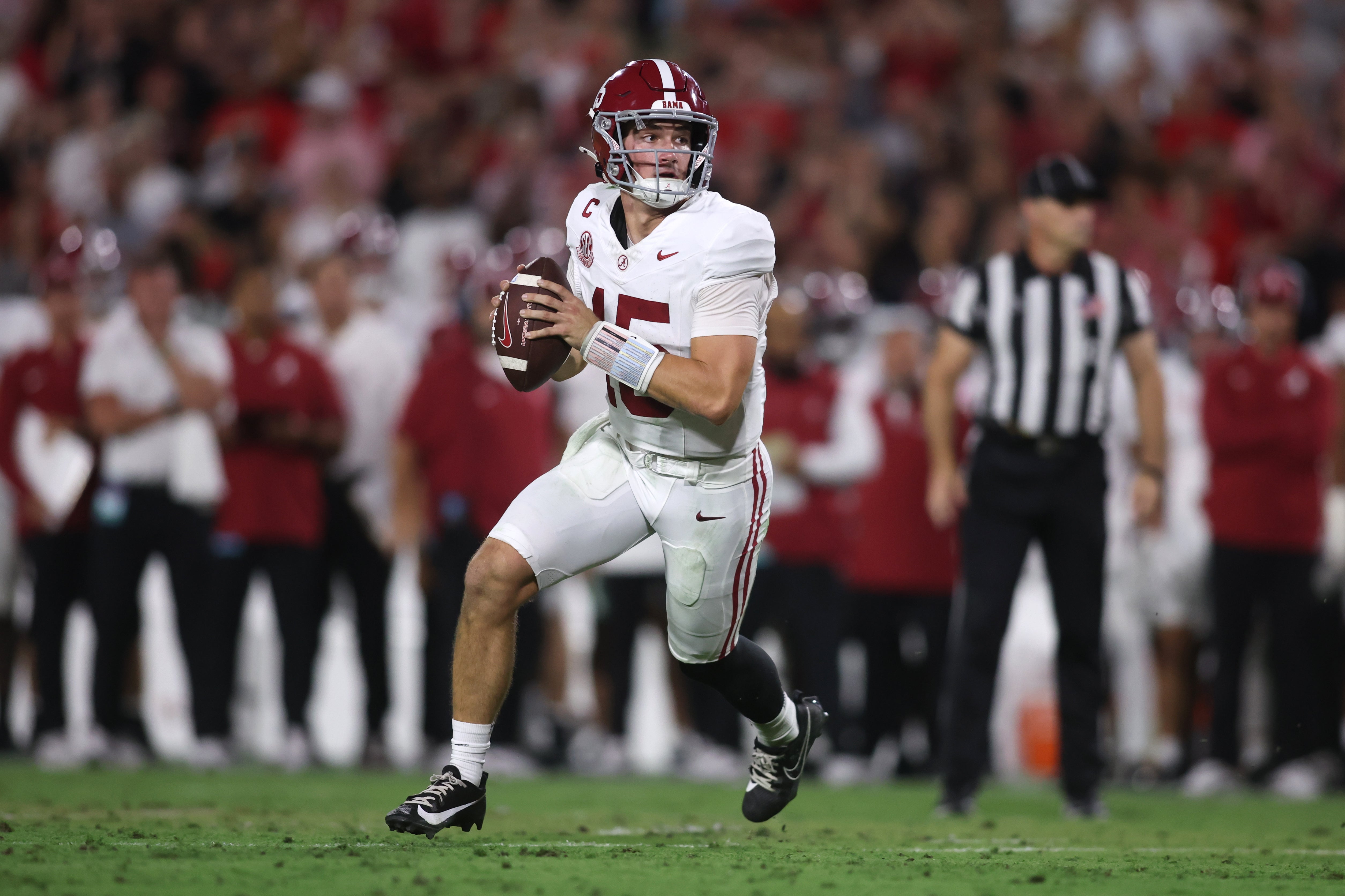 Sep 27, 2025; Athens, Georgia, USA; Alabama Crimson Tide quarterback Ty Simpson (15) looks to pass against the Georgia Bulldogs in the first half at Sanford Stadium.