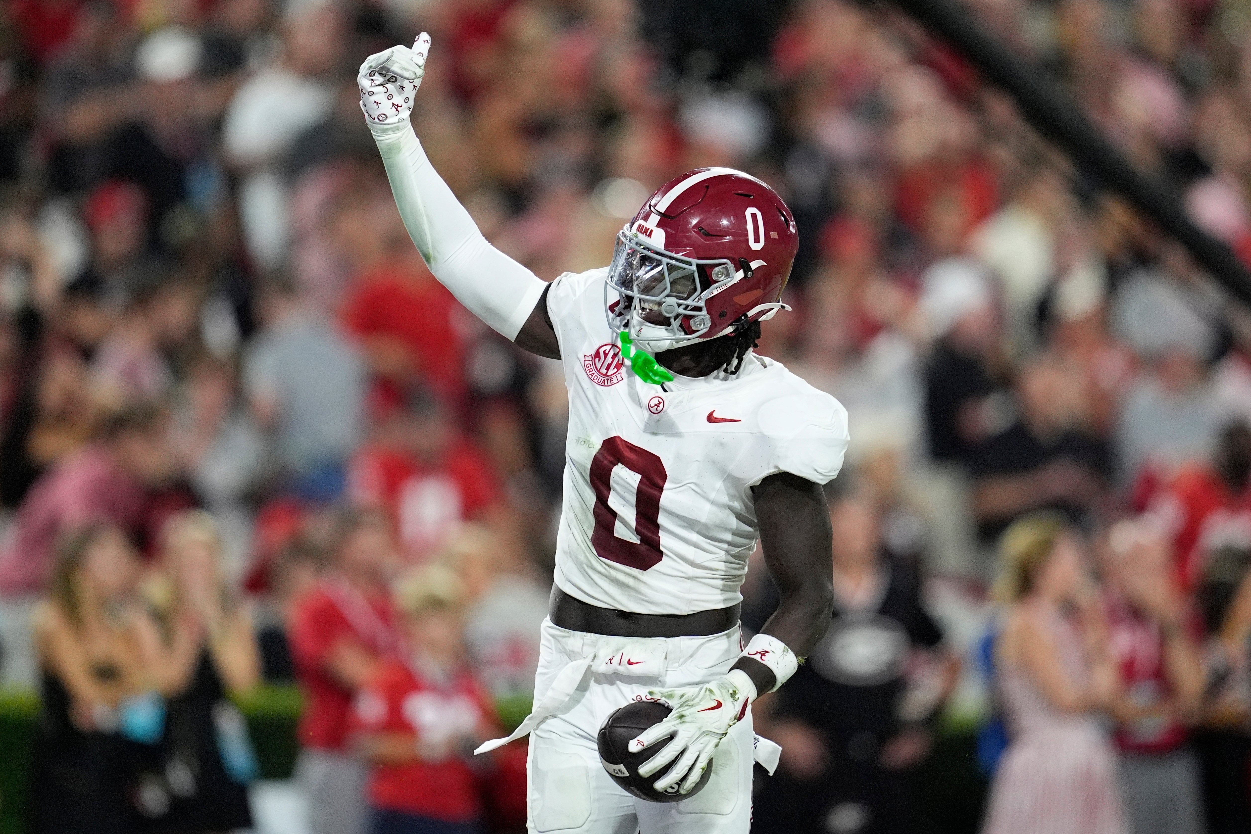 Sep 27, 2025; Athens, Georgia, USA; Alabama Crimson Tide linebacker Deontae Lawson (0) reacts after a fumble recovery against the Georgia Bulldogs in the first half at Sanford Stadium.