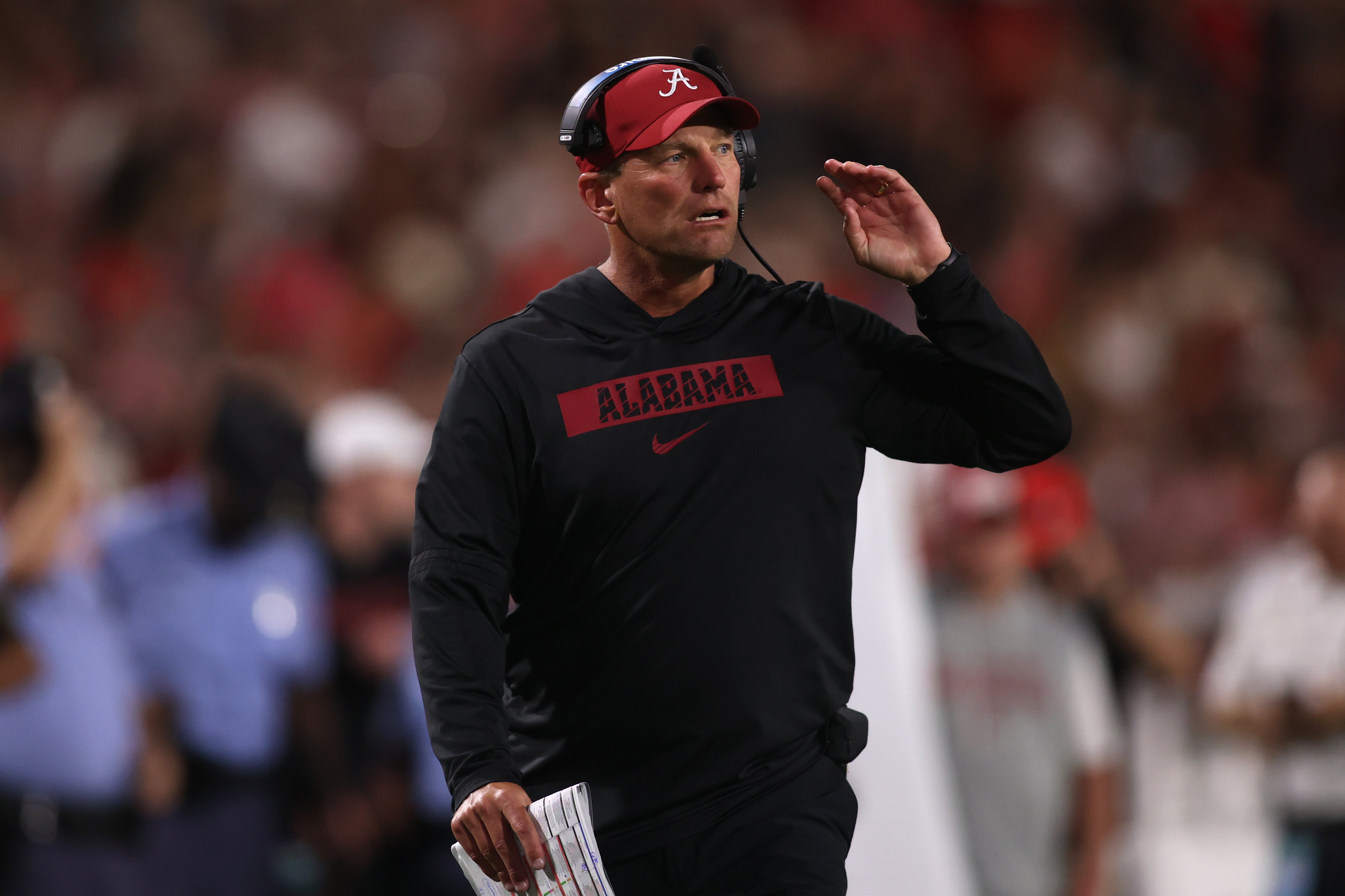Sep 27, 2025; Athens, Georgia, USA; Alabama Crimson Tide head coach Kalen DeBoer looks on in the second half against the Georgia Bulldogs at Sanford Stadium.