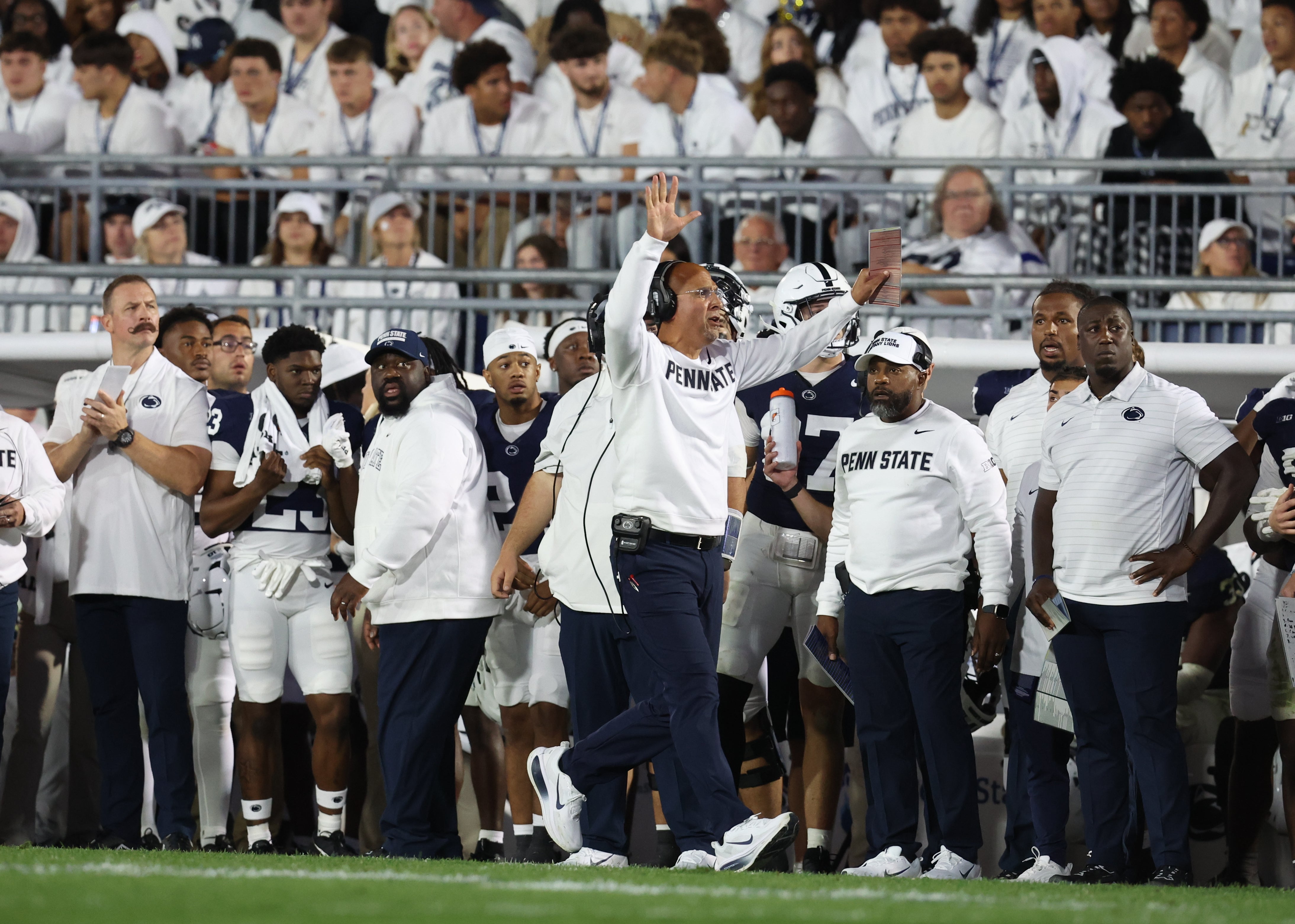 Sep 27, 2025; University Park, Pennsylvania, USA; Penn State Nittany Lions head coach James Franklin reacts during the fourth quarter against the Oregon Ducks at Beaver Stadium. Mandatory Credit: Matthew O'Haren-Imagn Images
