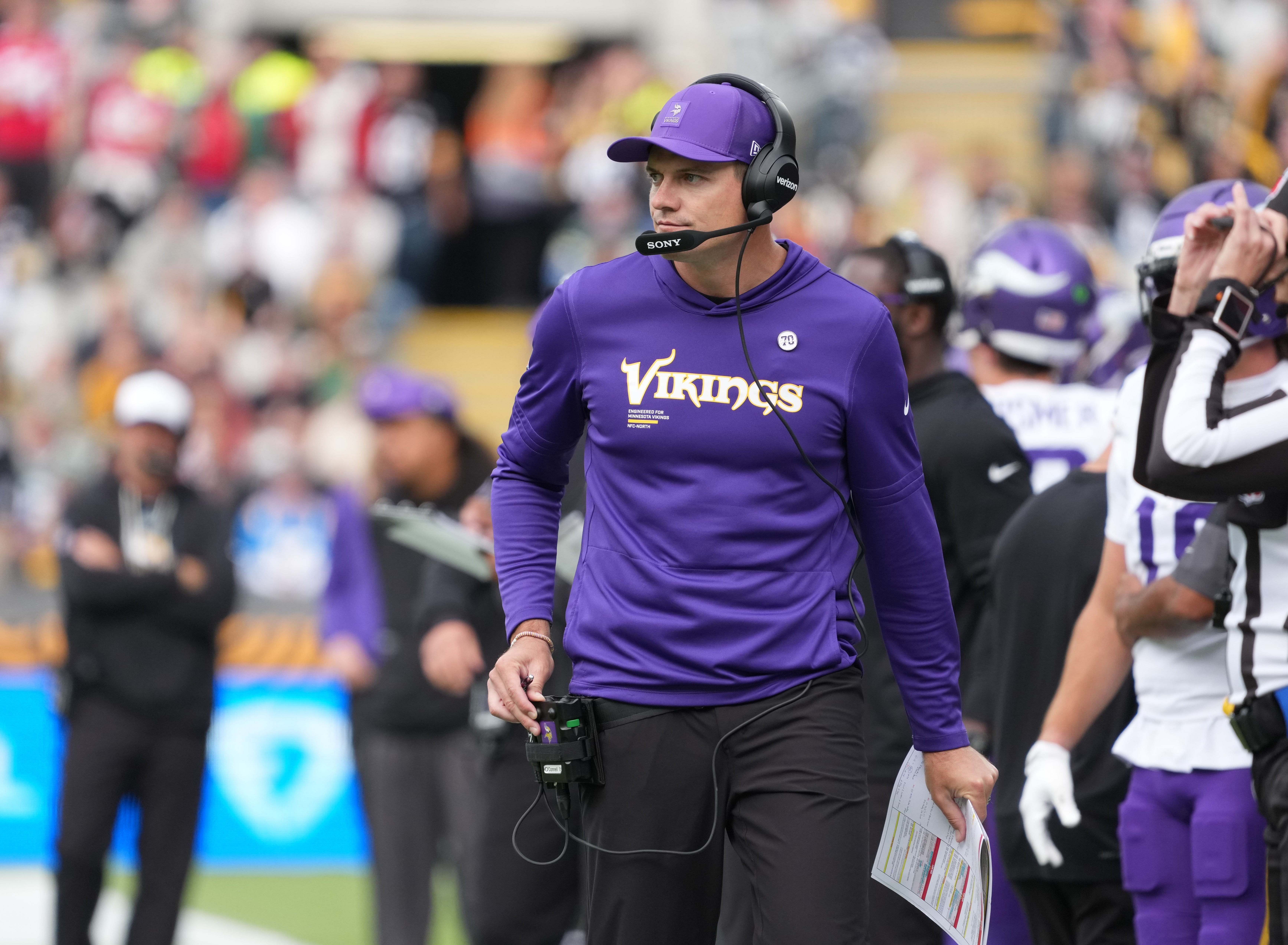 Sep 28, 2025; Dublin, Ireland; Minnesota Vikings head coach Kevin O'Connell walks the sidelines during the second quarter against the Pittsburgh Steelers during an NFL International Series game at Croke Park.