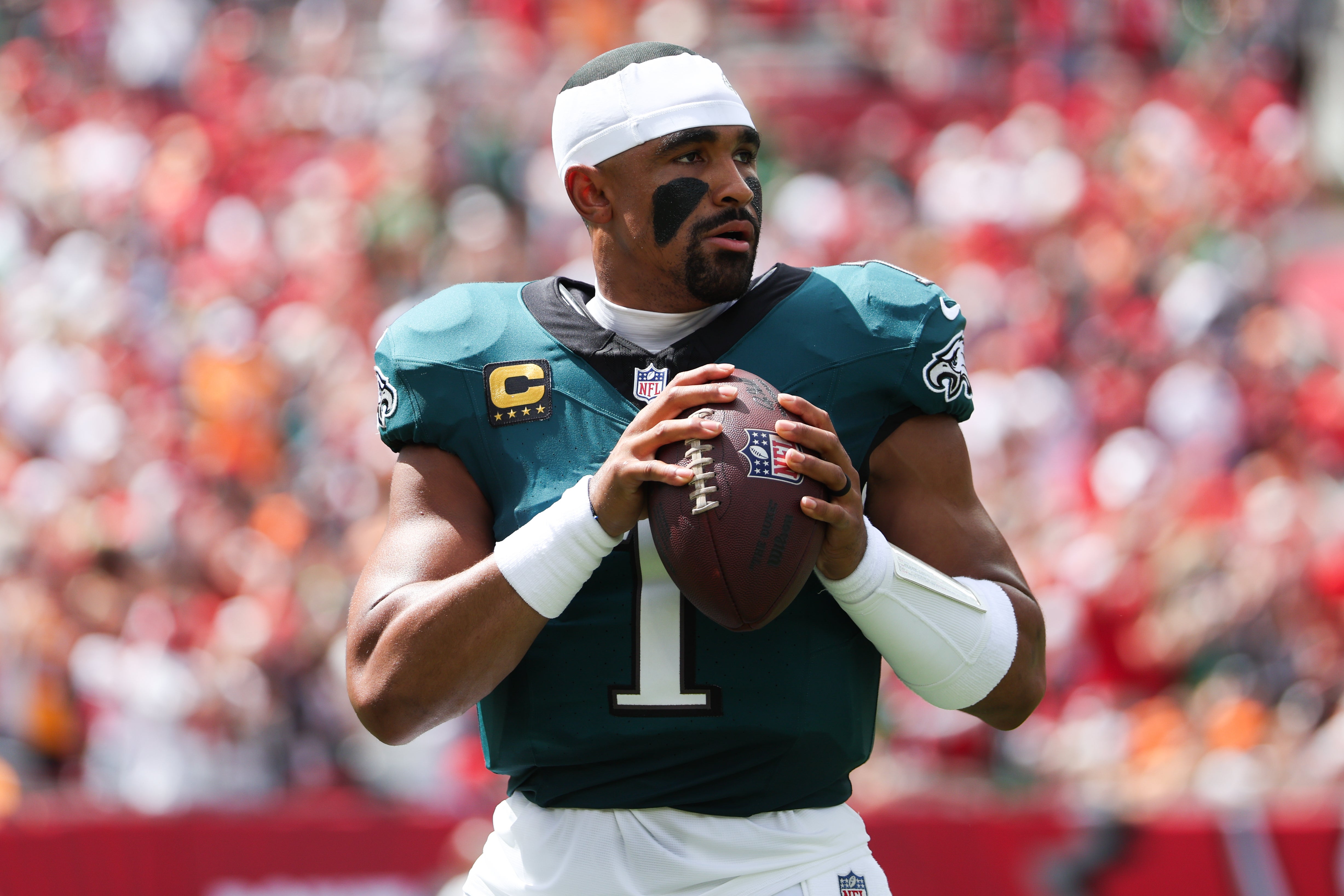 Philadelphia Eagles quarterback Jalen Hurts (1) warms up before the start of the game against the Tampa Bay Buccaneers at Raymond James Stadium.
