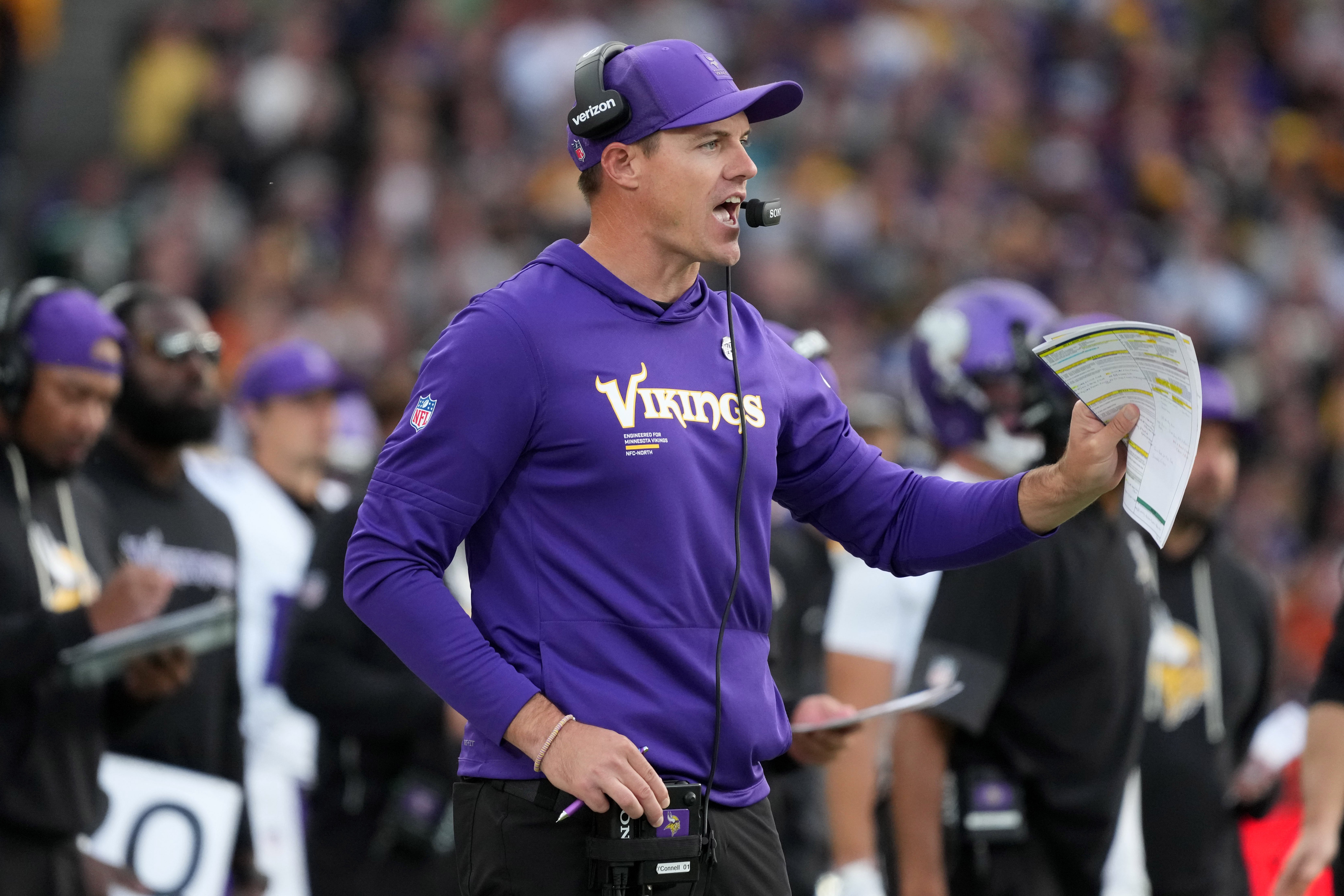 Sep 28, 2025; Dublin, Ireland; Minnesota Vikings coach Kevin O'Connell reacts in the fourth quarter against the Pittsburgh Steelers during an NFL International Series game at Croke Park.