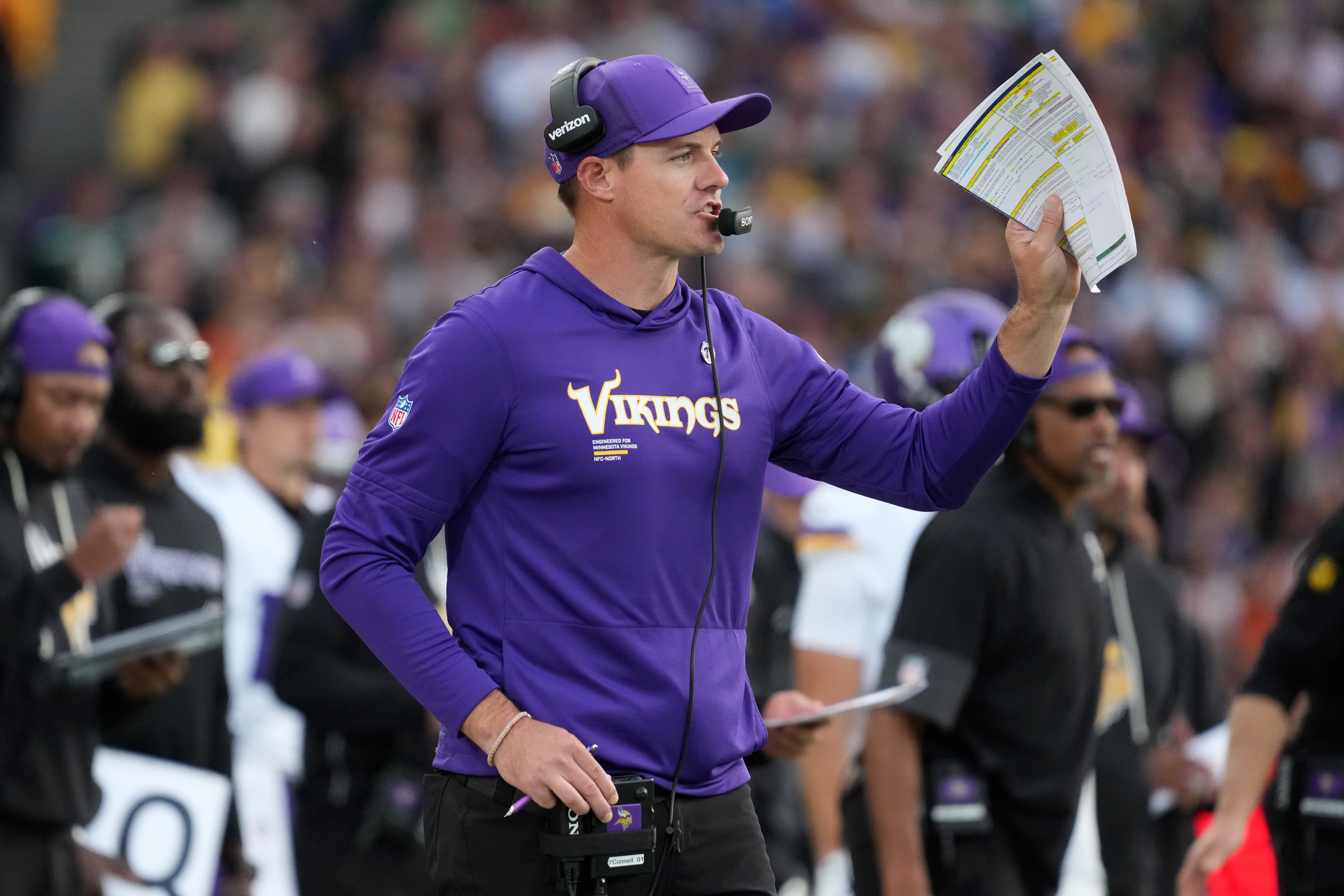 Sep 28, 2025; Dublin, Ireland; Minnesota Vikings coach Kevin O'Connell reacts in the fourth quarter against the Pittsburgh Steelers during an NFL International Series game at Croke Park.