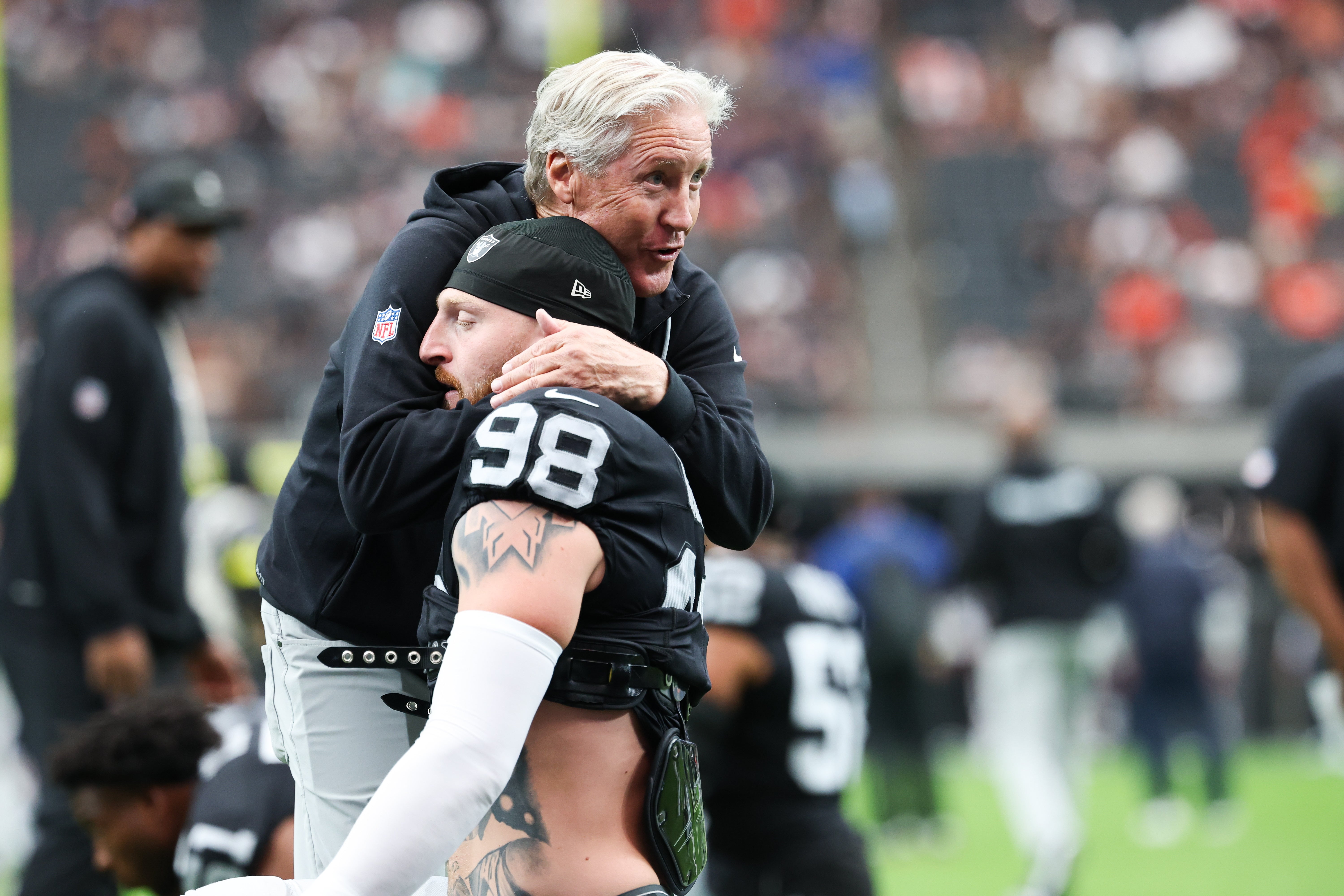 Las Vegas Raiders head coach Pete Carroll defensive end Maxx Crosby