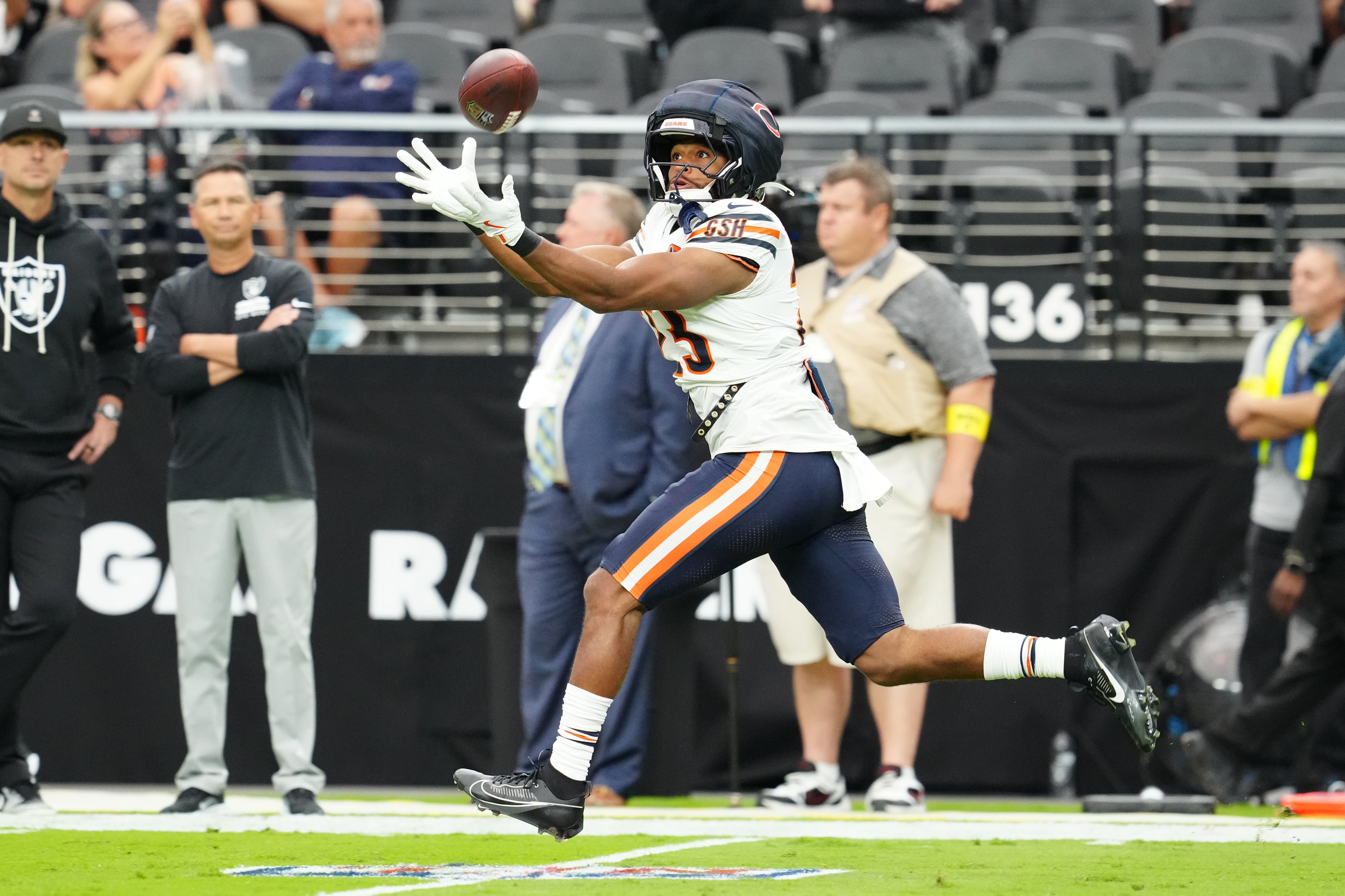 Sep 28, 2025; Paradise, Nevada, USA; Chicago Bears running back Roschon Johnson (23) warms up prior to the game against the Las Vegas Raiders at Allegiant Stadium.