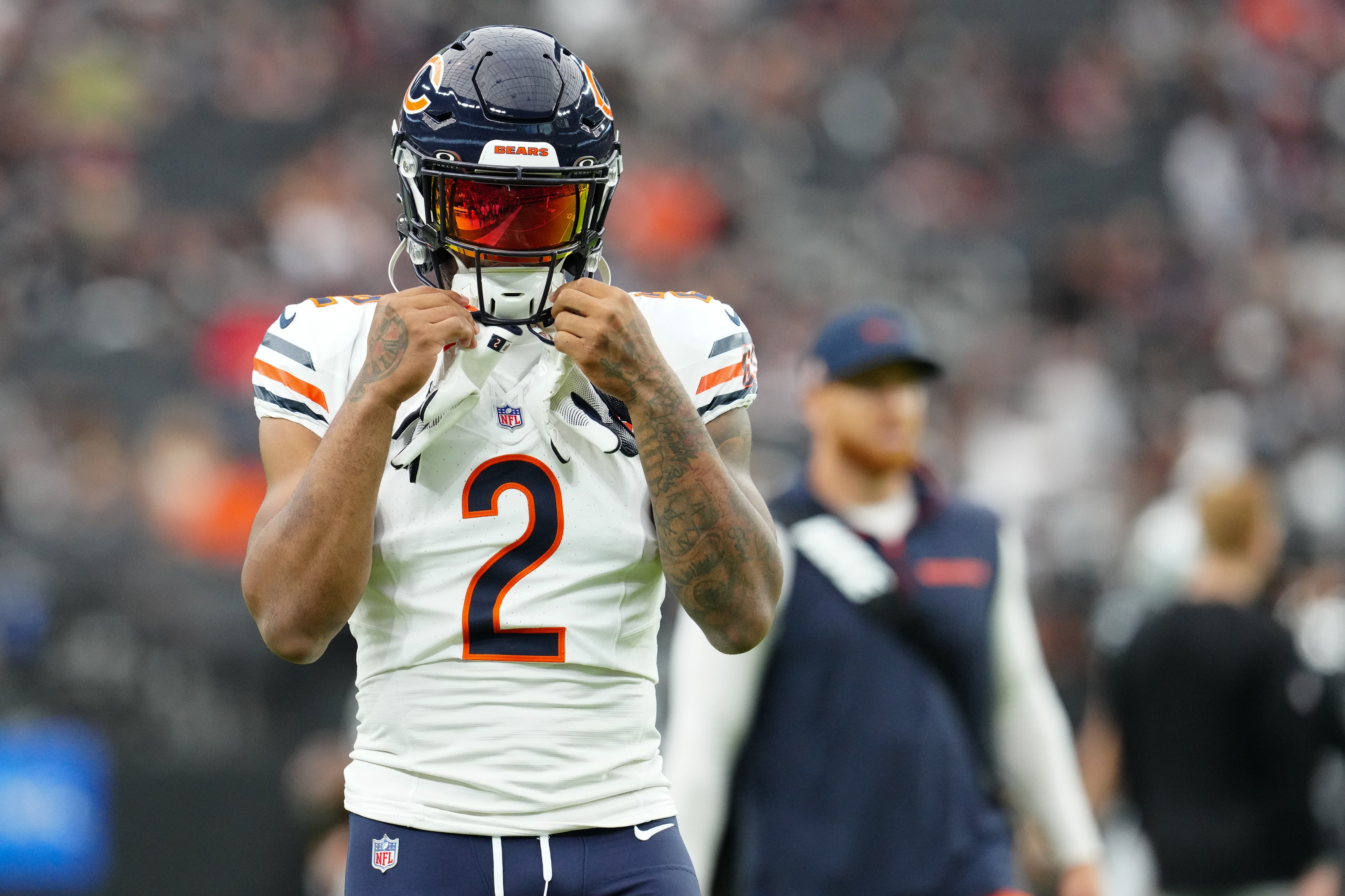 Sep 28, 2025; Paradise, Nevada, USA; Chicago Bears wide receiver DJ Moore (2) warms up prior to the game against the Las Vegas Raiders at Allegiant Stadium.