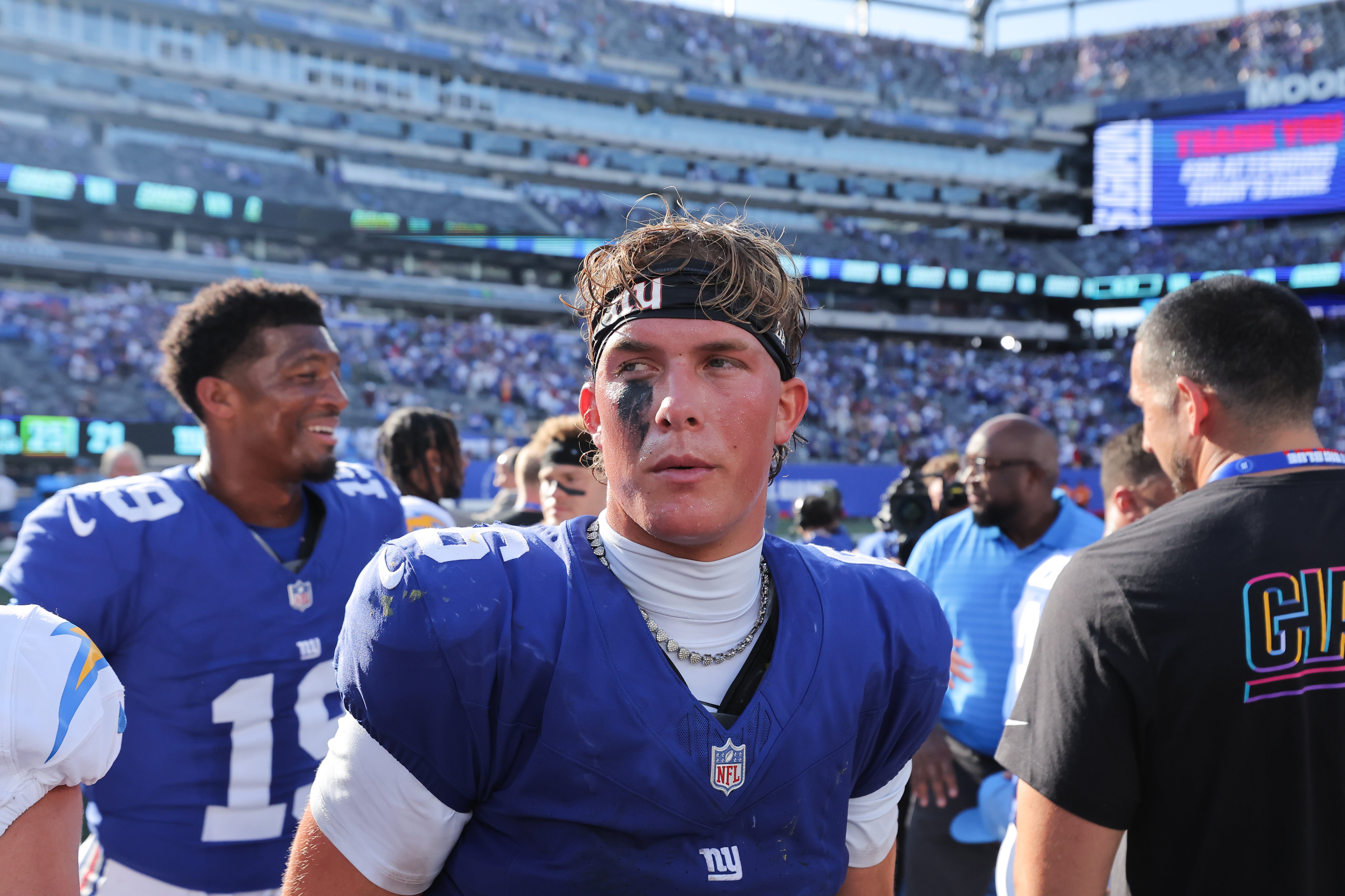 Sep 28, 2025; East Rutherford, New Jersey, USA; New York Giants quarterback Jaxson Dart (6) looks on after the game against the Los Angeles Chargers at MetLife Stadium.
