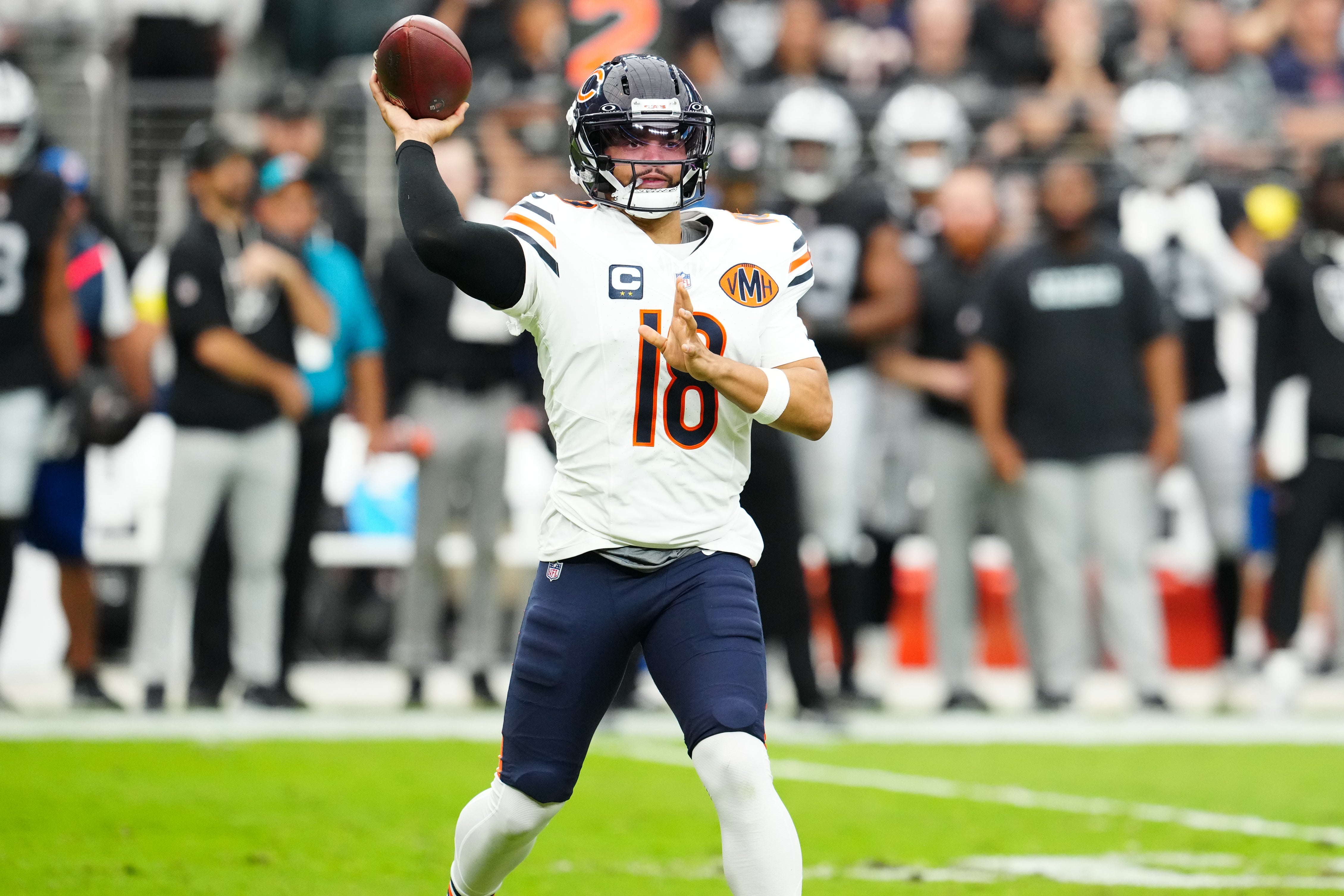 Sep 28, 2025; Paradise, Nevada, USA; Chicago Bears quarterback Caleb Williams (18) throws the ball during the first quarter against Las Vegas Raiders at Allegiant Stadium.