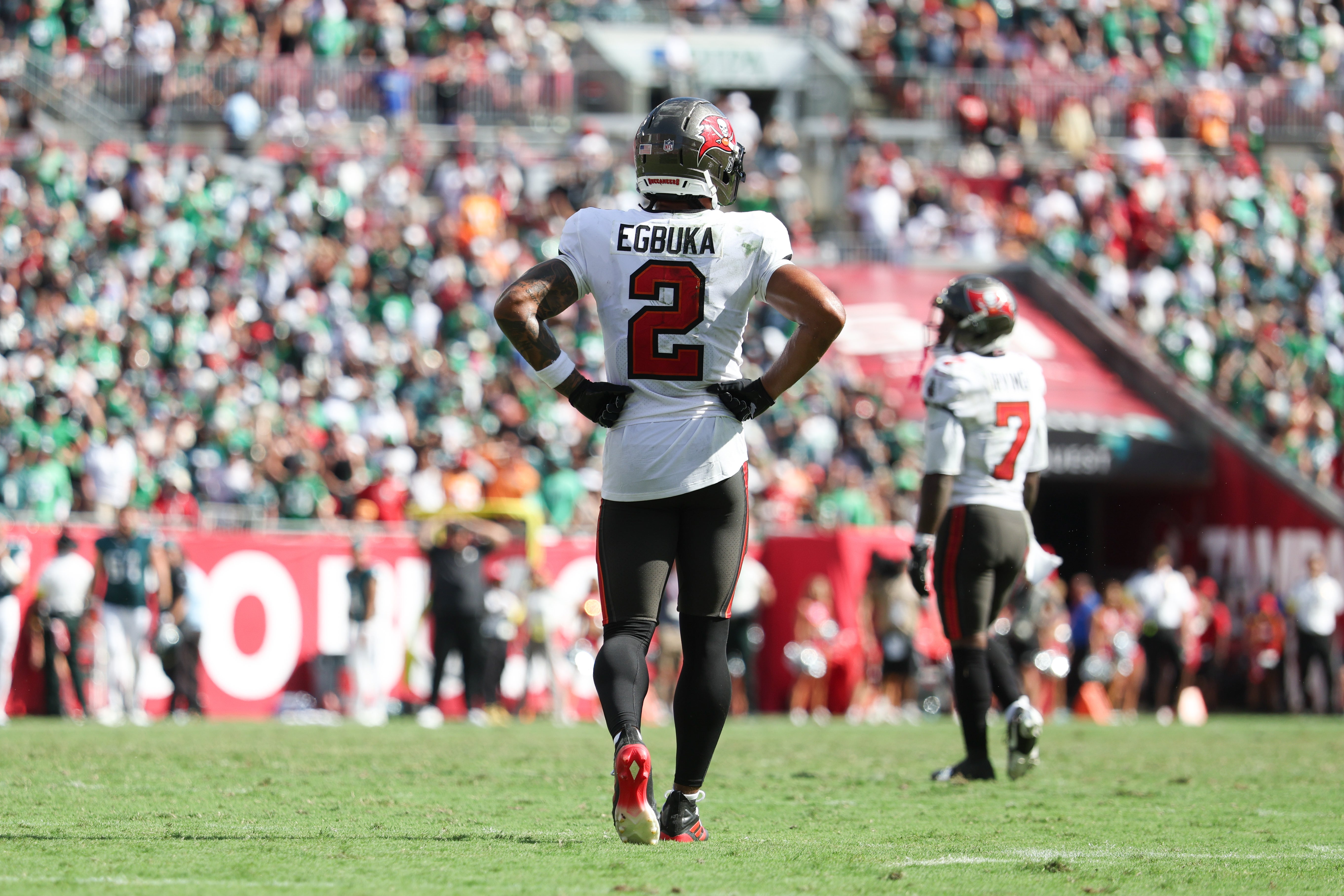 Sep 28, 2025; Tampa, Florida, USA; Tampa Bay Buccaneers wide receiver Emeka Egbuka (2) looks on during the fourth quarter against Philadelphia Eagles at Raymond James Stadium.