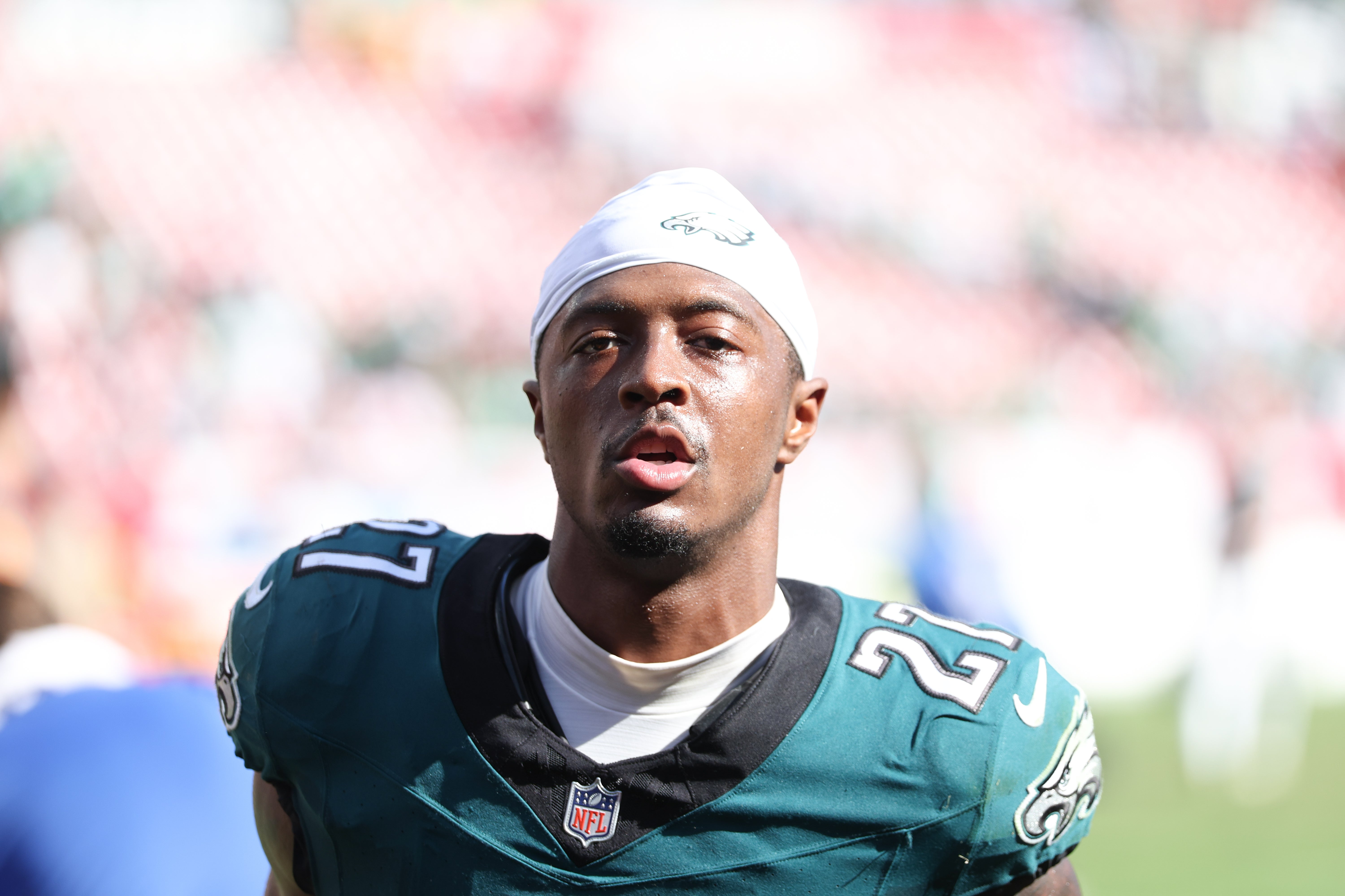 Philadelphia Eagles cornerback Quinyon Mitchell (27) looks on after the game against the Tampa Bay Buccaneers at Raymond James Stadium.