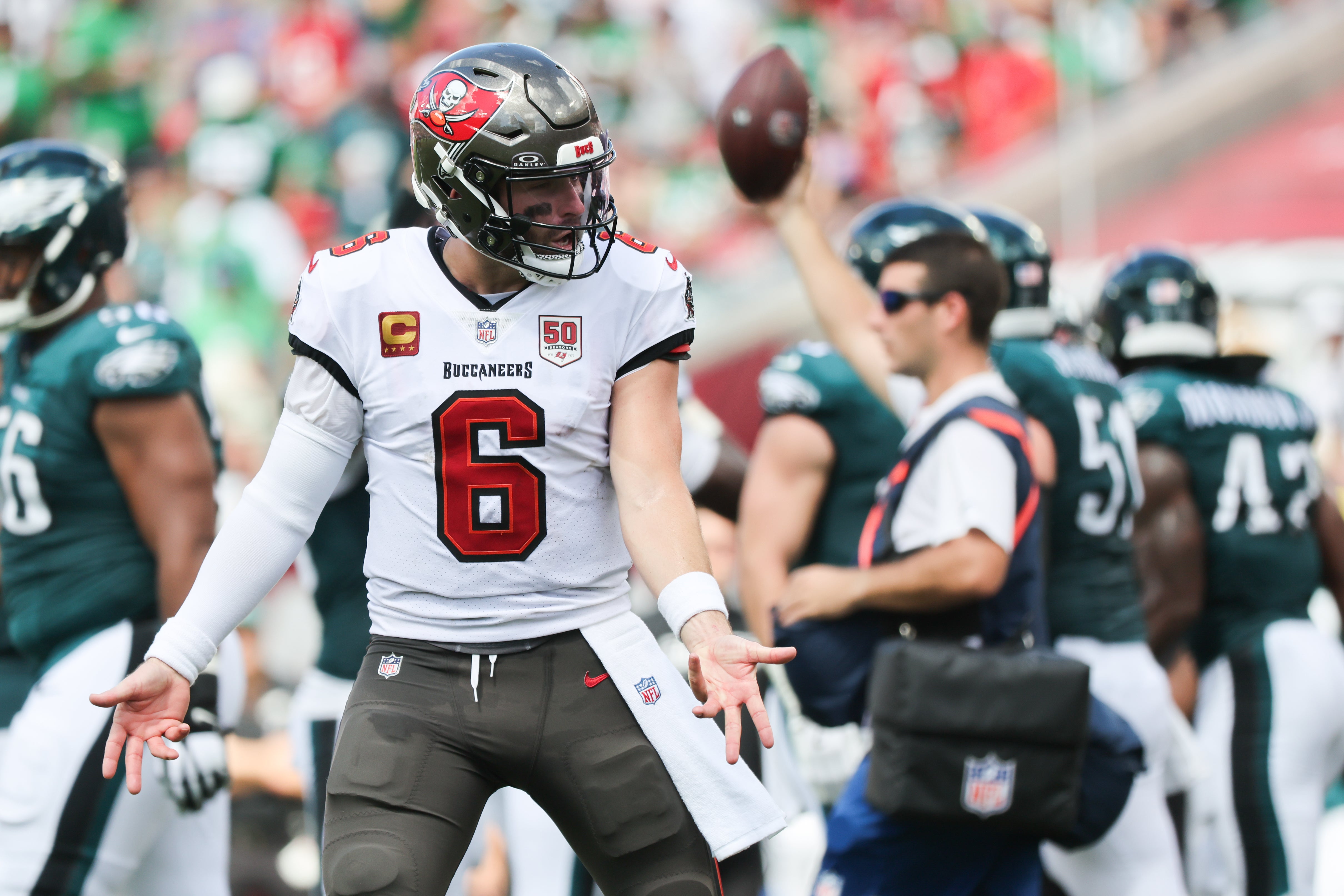 Sep 28, 2025; Tampa, Florida, USA; Tampa Bay Buccaneers quarterback Baker Mayfield (6) reacts during the second half against the Philadelphia Eagles at Raymond James Stadium.