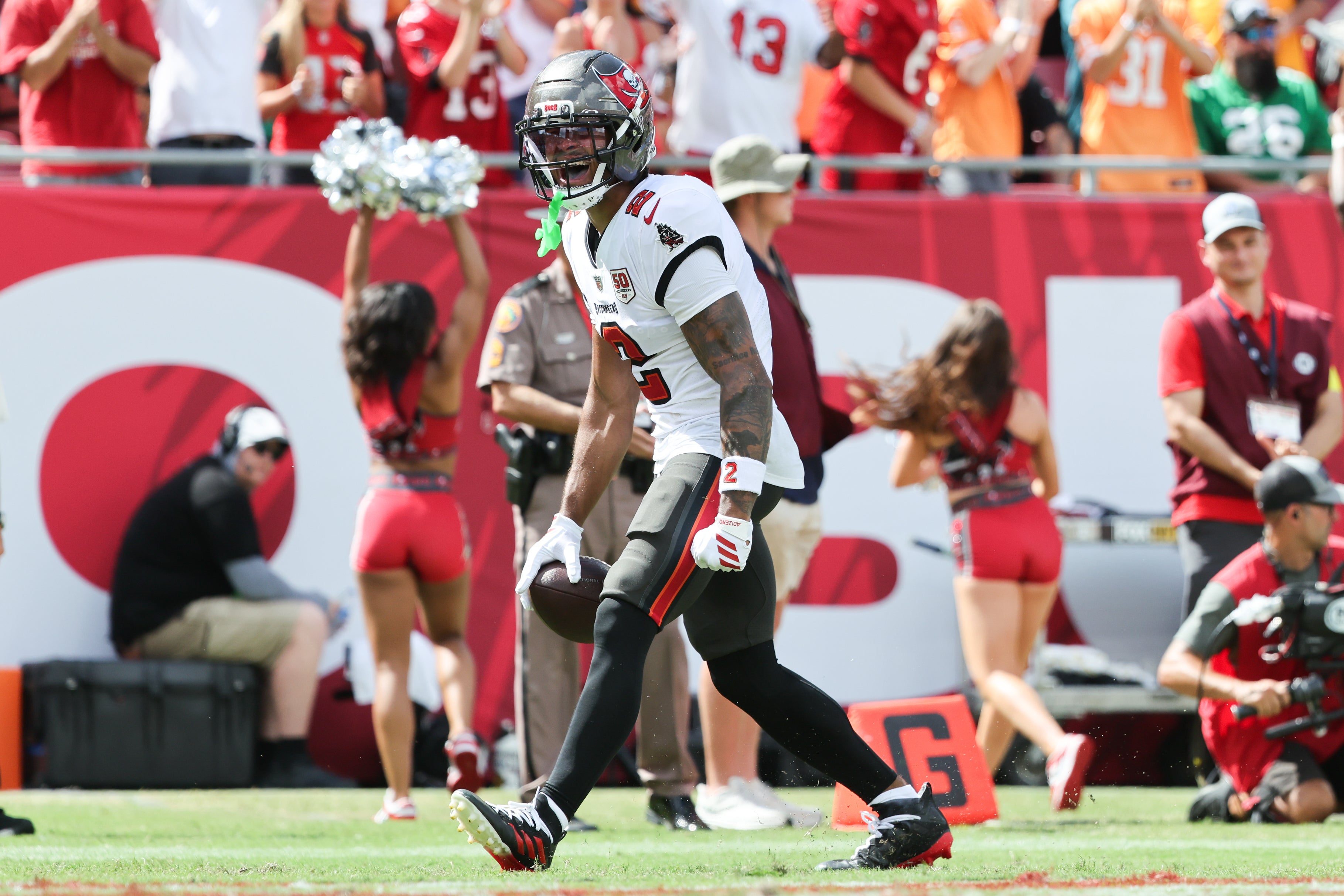 Sep 28, 2025; Tampa, Florida, USA; Tampa Bay Buccaneers wide receiver Emeka Egbuka (2) runs the ball during the second half against the Philadelphia Eagles at Raymond James Stadium.